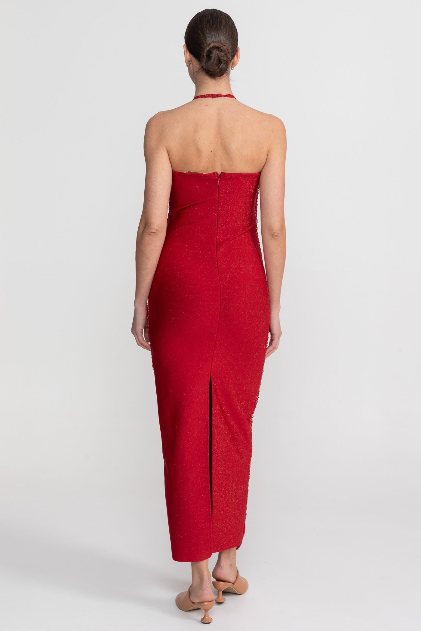 Abito Midi con Scollo a Halter e Texture Plissettata su Tutta la Superficie - Rosso 