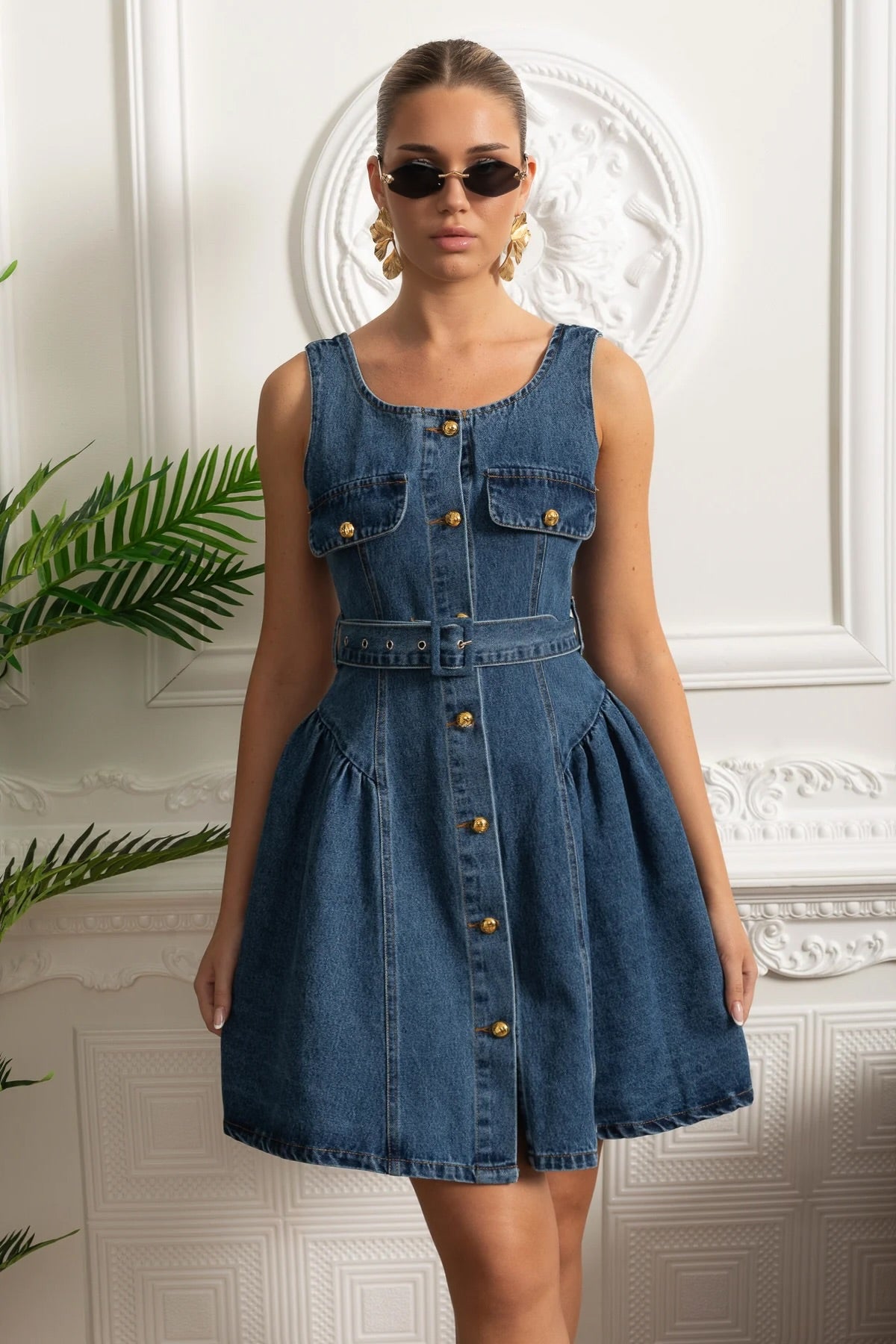 Belted Denim Button-Front Mini Dress - Blue
