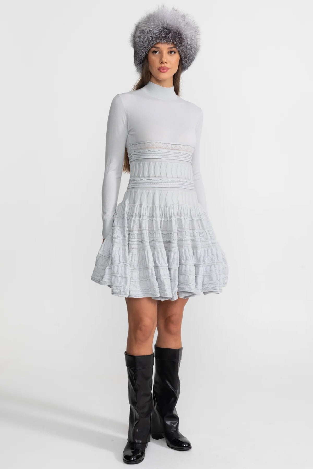 Textured Knit Mini Dress with Flared Skirt - Light Gray