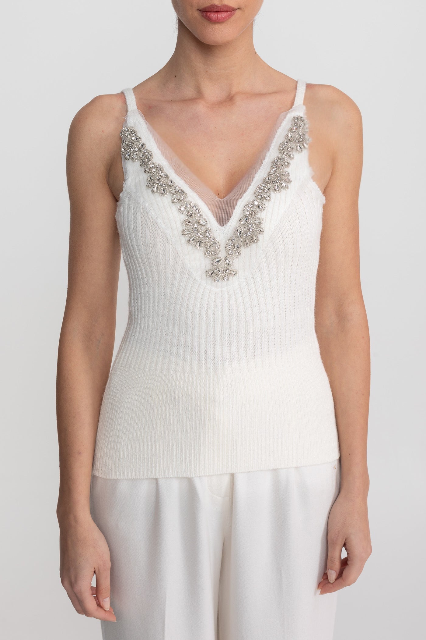 Knit Two Piece Set With Crystal Embellishments And Trim Cuffs - White