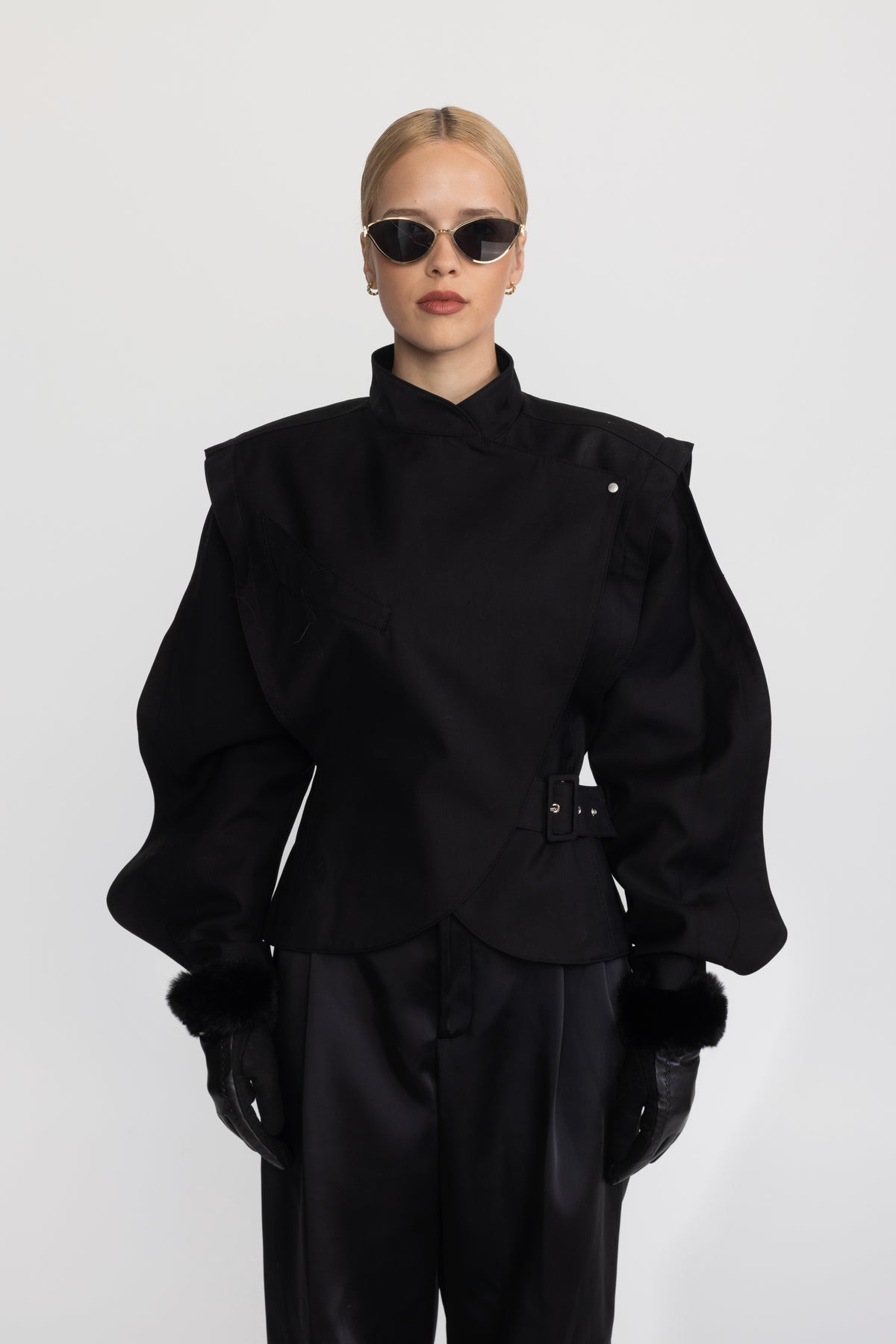 Structured Balloon Sleeve Wrap Jacket - Black