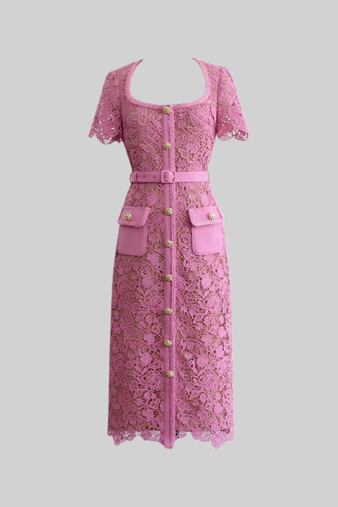 Squisito Abito Midi in Pizzo con Maniche Corte - Rosa 