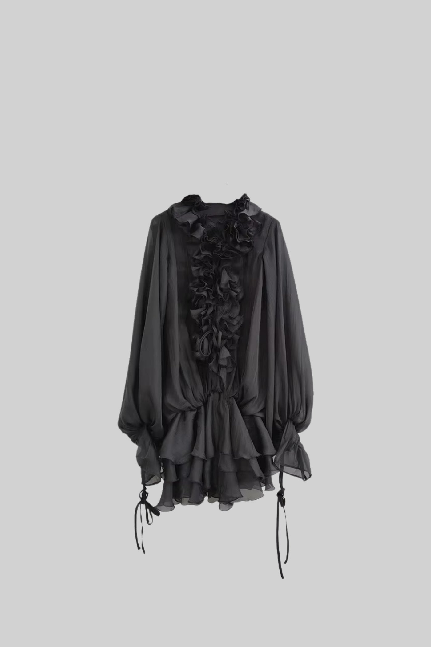 Abito fluido in chiffon con applicazioni floreali e maniche lunghe a sbuffo - Nero 