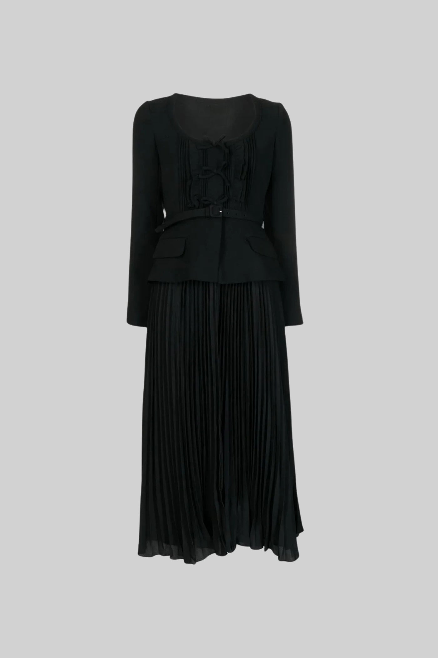 Long Sleeved Dress With Fitted Bodice And Maxi Pleated Skirt - Black