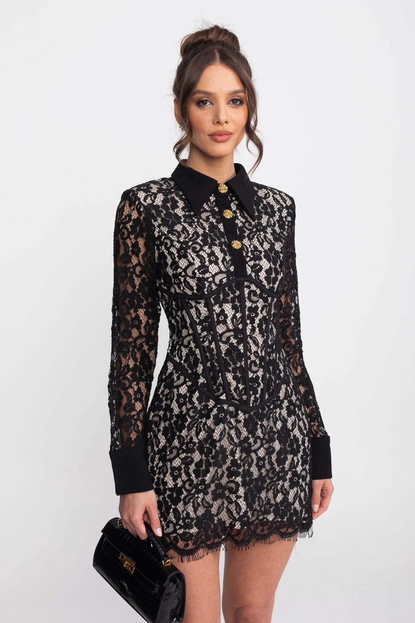 Long Sleeved Lace Mini Dress With Scallop Hem - Black