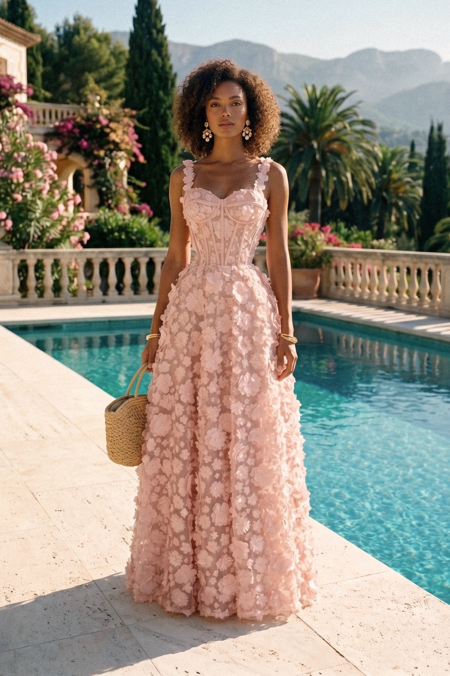 Abito Maxi con Applicazioni Floreali e Corpino a Corsetto - Rosa 