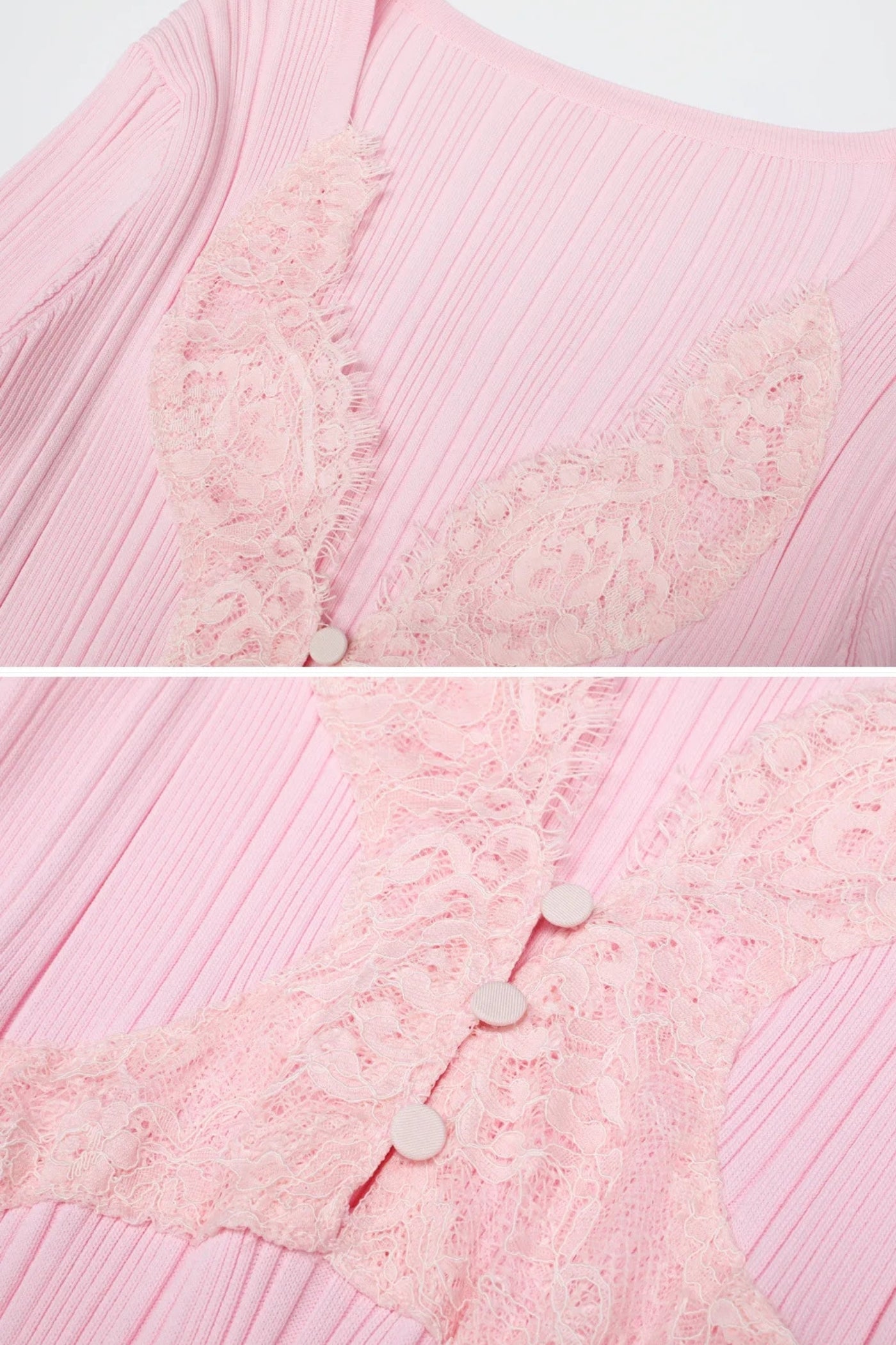 Abito Midi a Maniche Lunghe a Costine con Scollo a V Rifinito in Pizzo - Baby Pink 