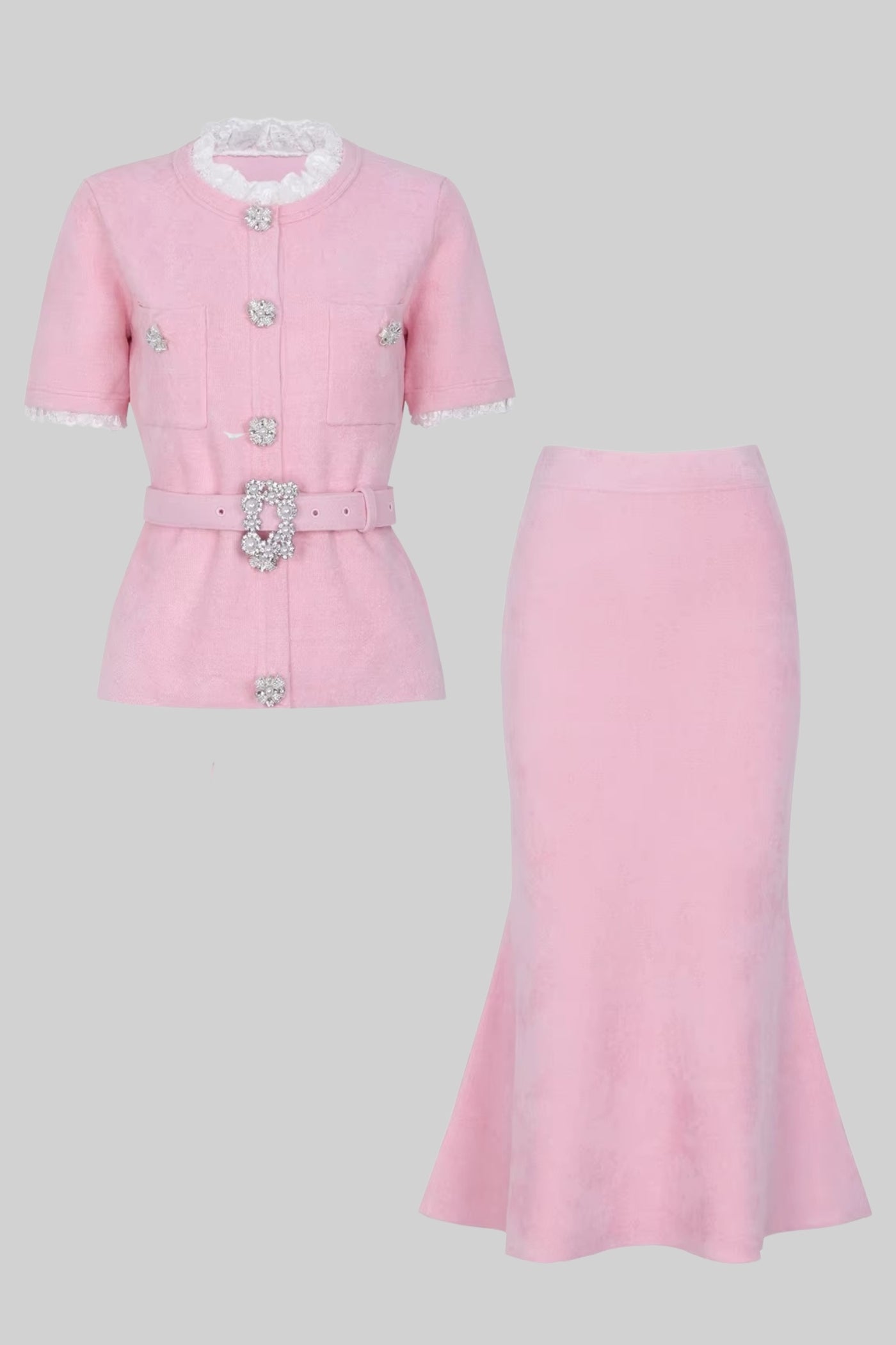 Coordinato a Maniche Corte con Vita a Peplo e Cintura con Bottoni di Cristallo - Blush Pink 