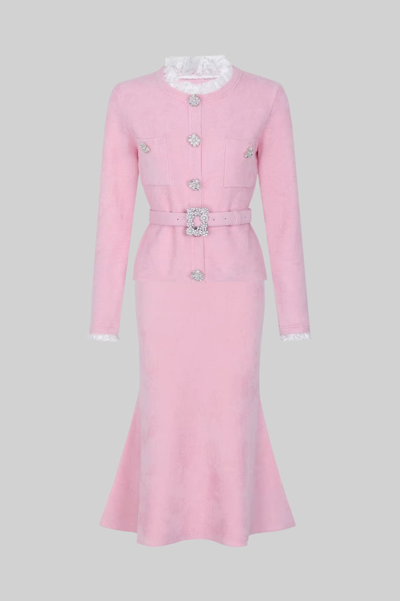 Coordinato a Maniche Lunghe con Corpino in Maglia Sagomata e Dettaglio di Bottoni in Cristallo - Blush Pink 