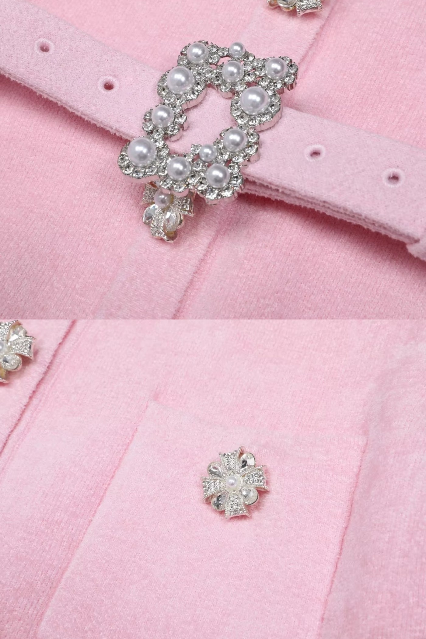 Coordinato a Maniche Corte con Vita a Peplo e Cintura con Bottoni di Cristallo - Blush Pink 