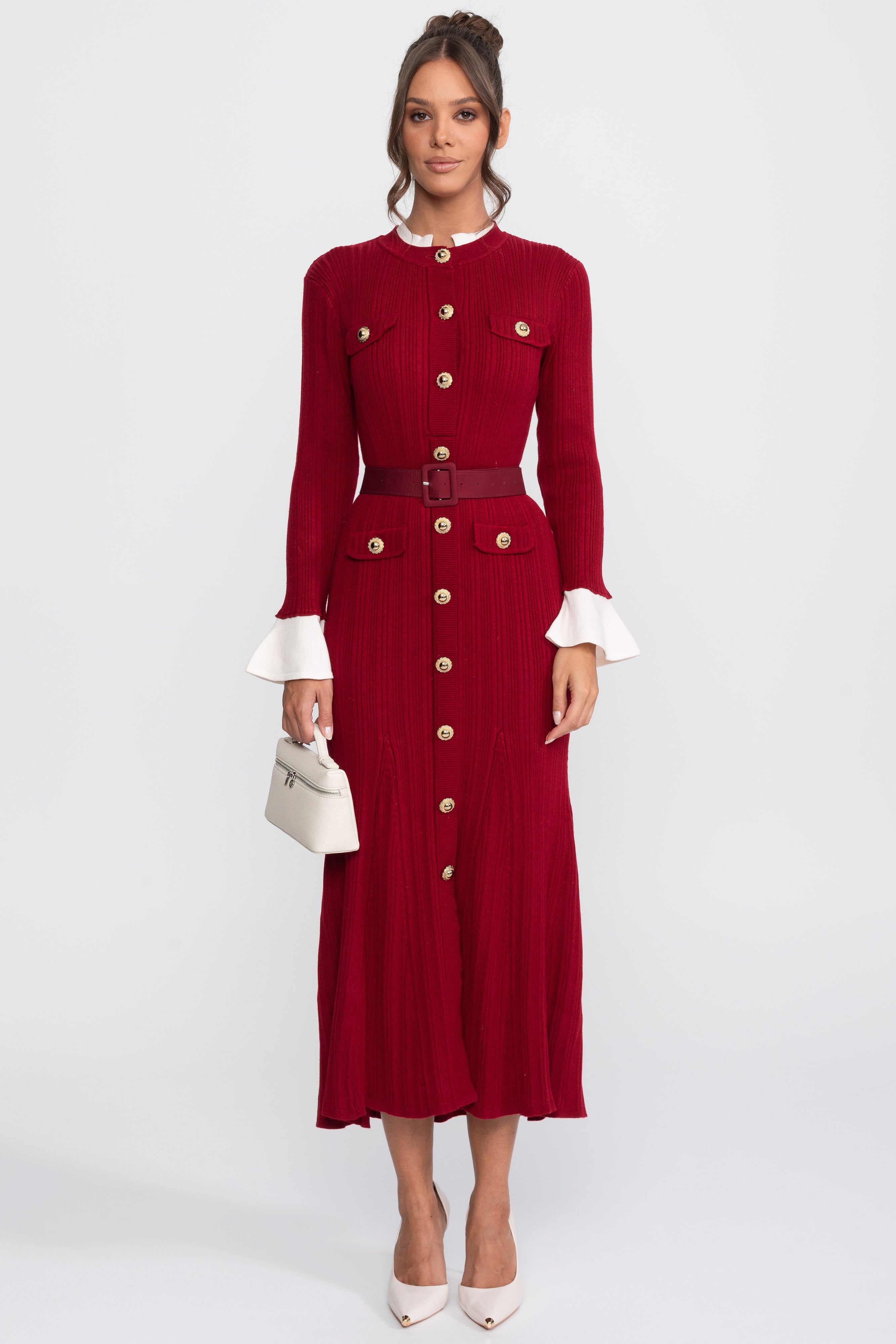 Ribbed Knit Belted Midi Dress With White Cuffs And Collar - Burgundy