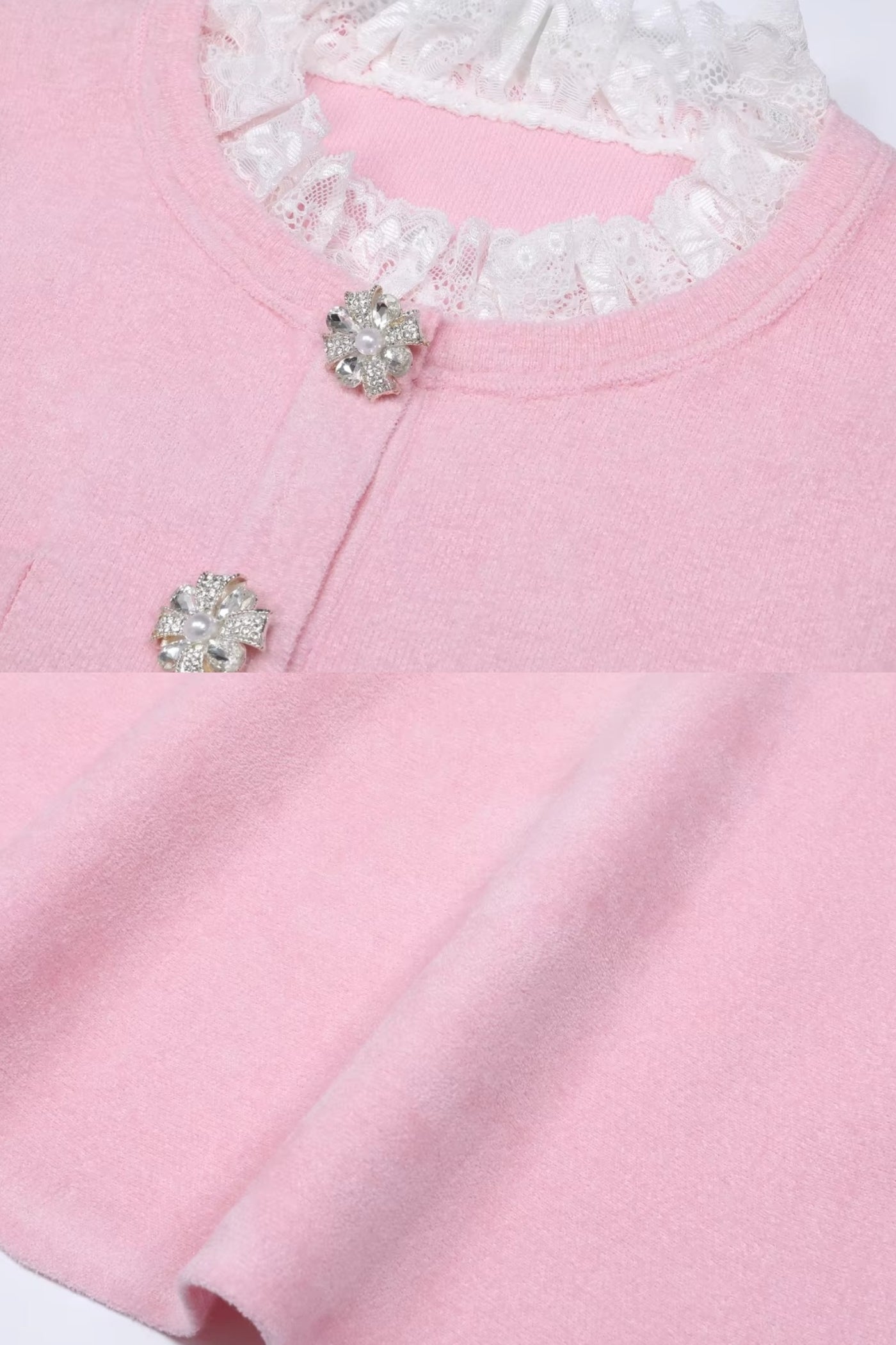 Coordinato a Maniche Corte con Vita a Peplo e Cintura con Bottoni di Cristallo - Blush Pink 