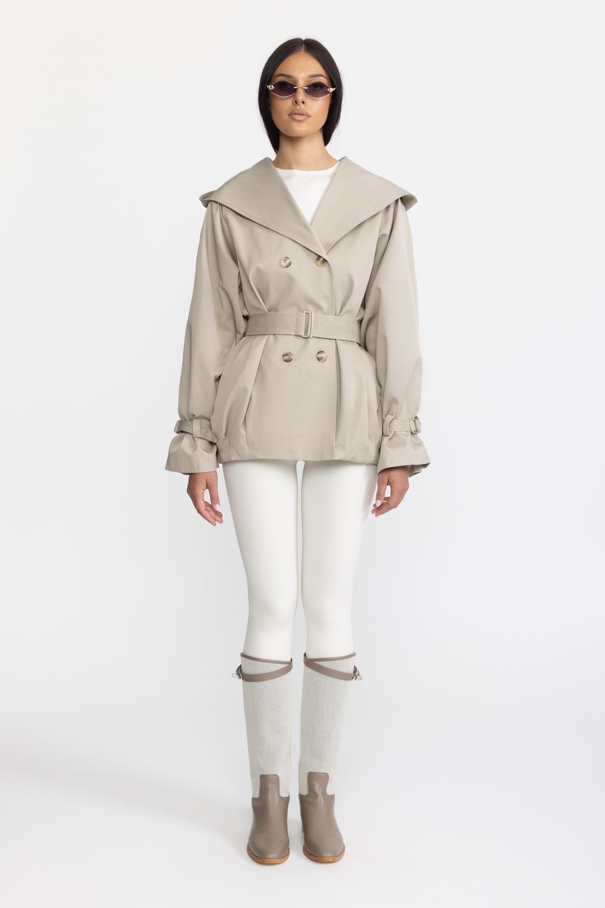 Trench jacket doppiopetto con cappuccio e cintura - Stone 
