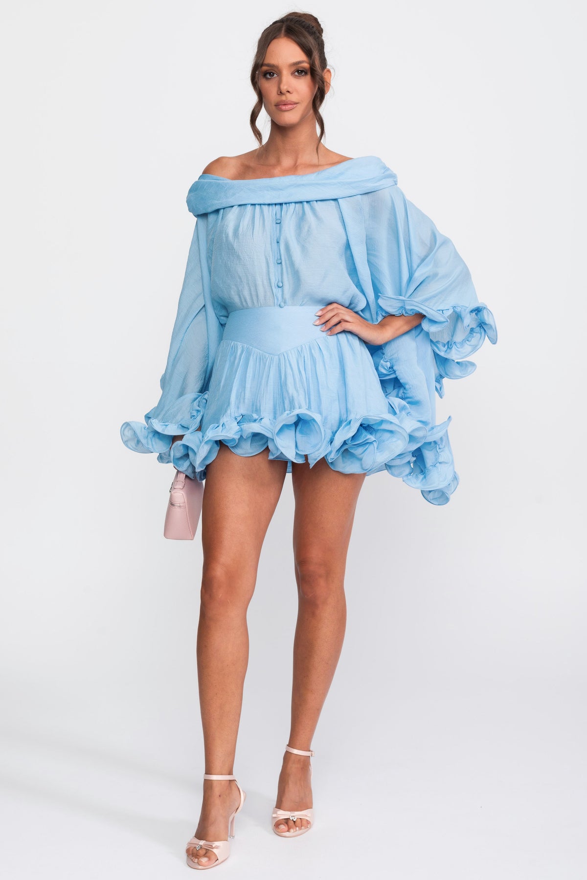 Off-Shoulder Ruffle Hem Co-Ord With Long Sleeves Shirt and Mini Skort - Light Blue
