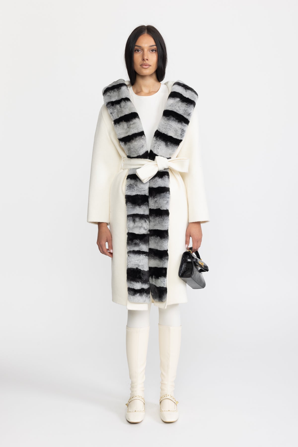 Rex Rabbit Fur Trim Hooded Wool Wrap Coat - Ivoire