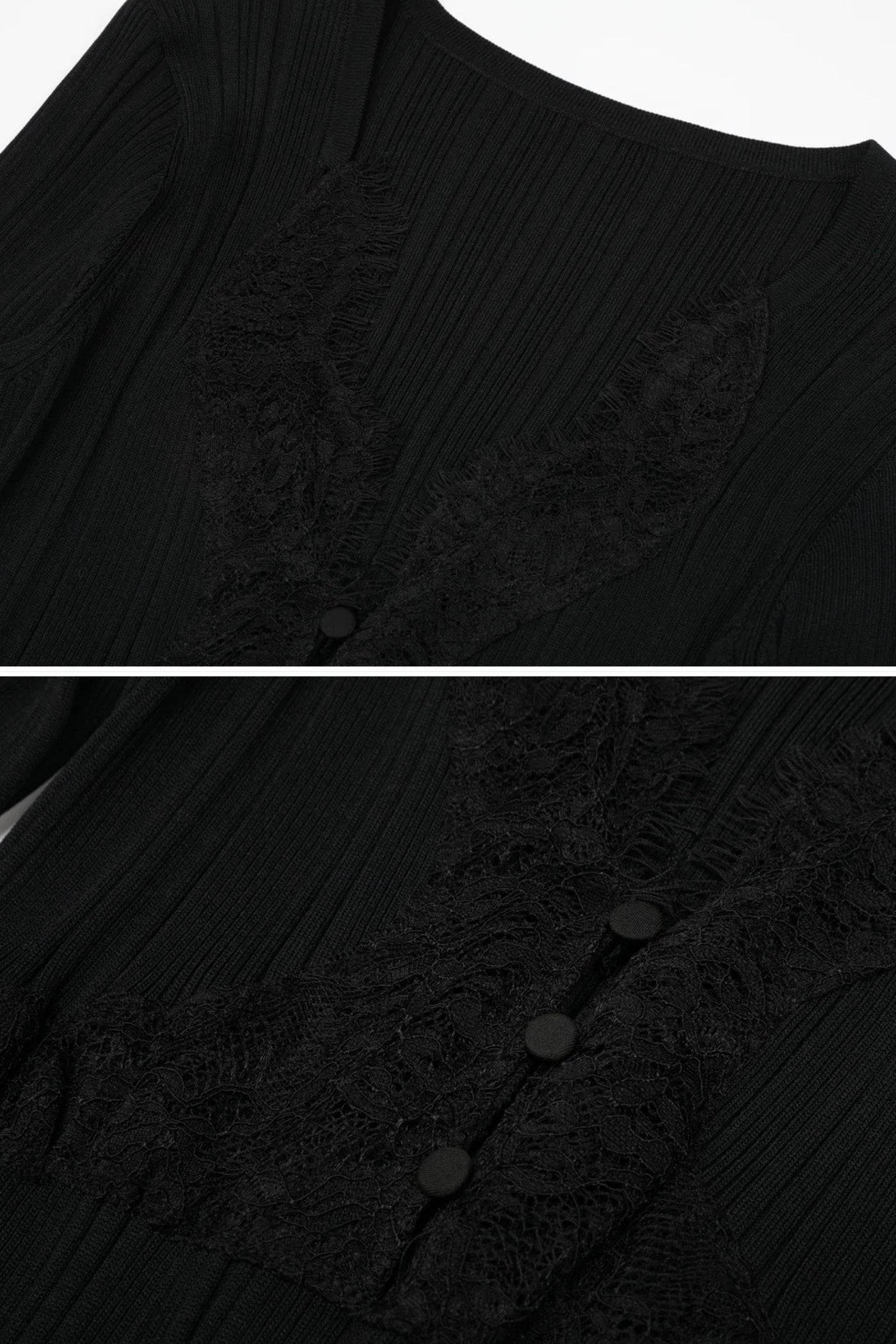 Abito Midi a Maniche Lunghe a Costine con Scollo a V Rifinito in Pizzo - Nero 