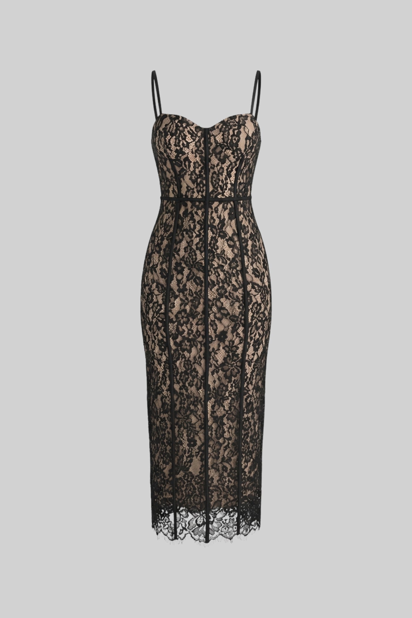 Lace Midi Dress With Sheer Corset Bodice - Black