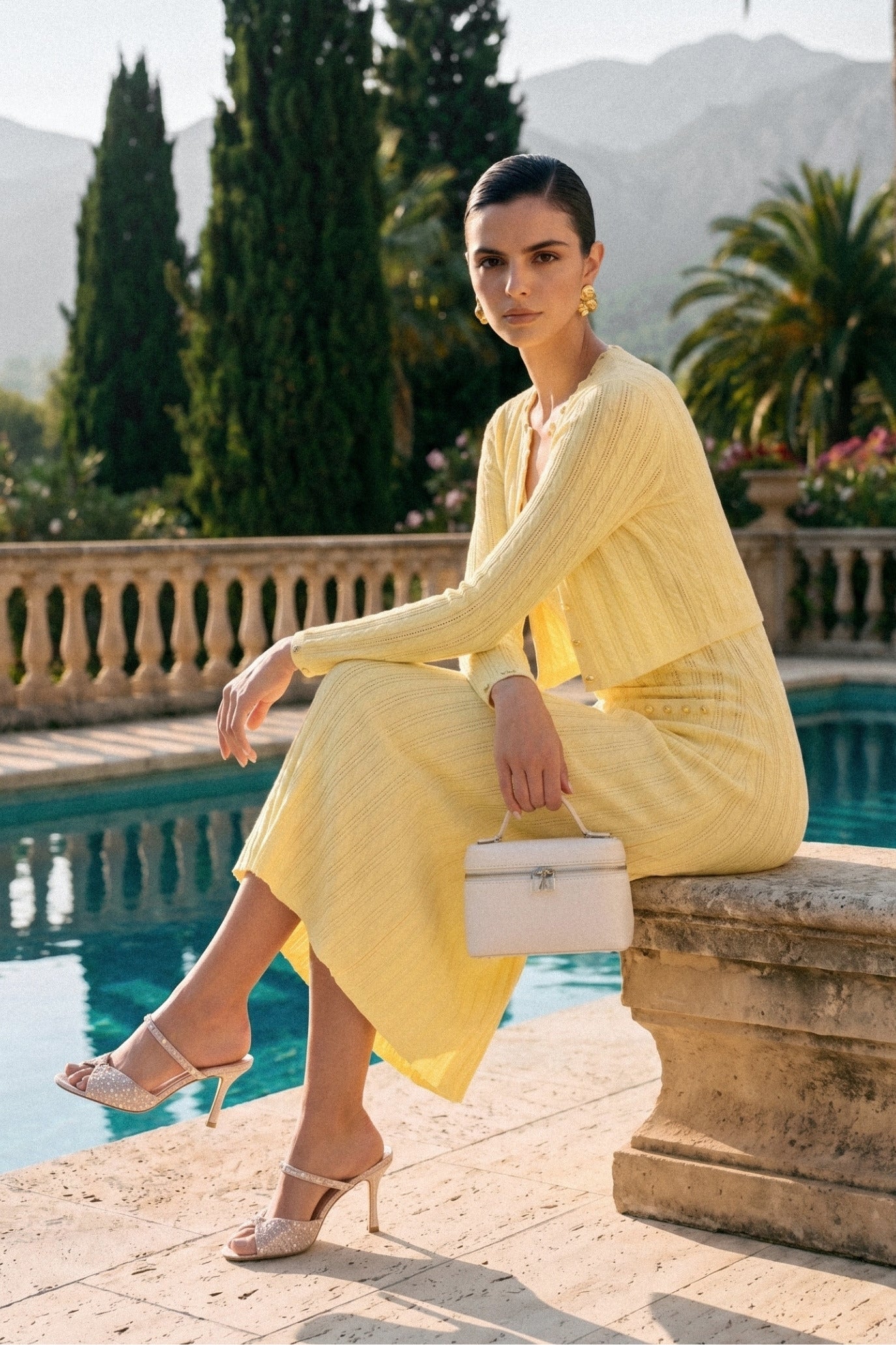 Set Abito in Maglia Coste e Cardigan con Dettagli di Bottoni in Perla - Giallo 