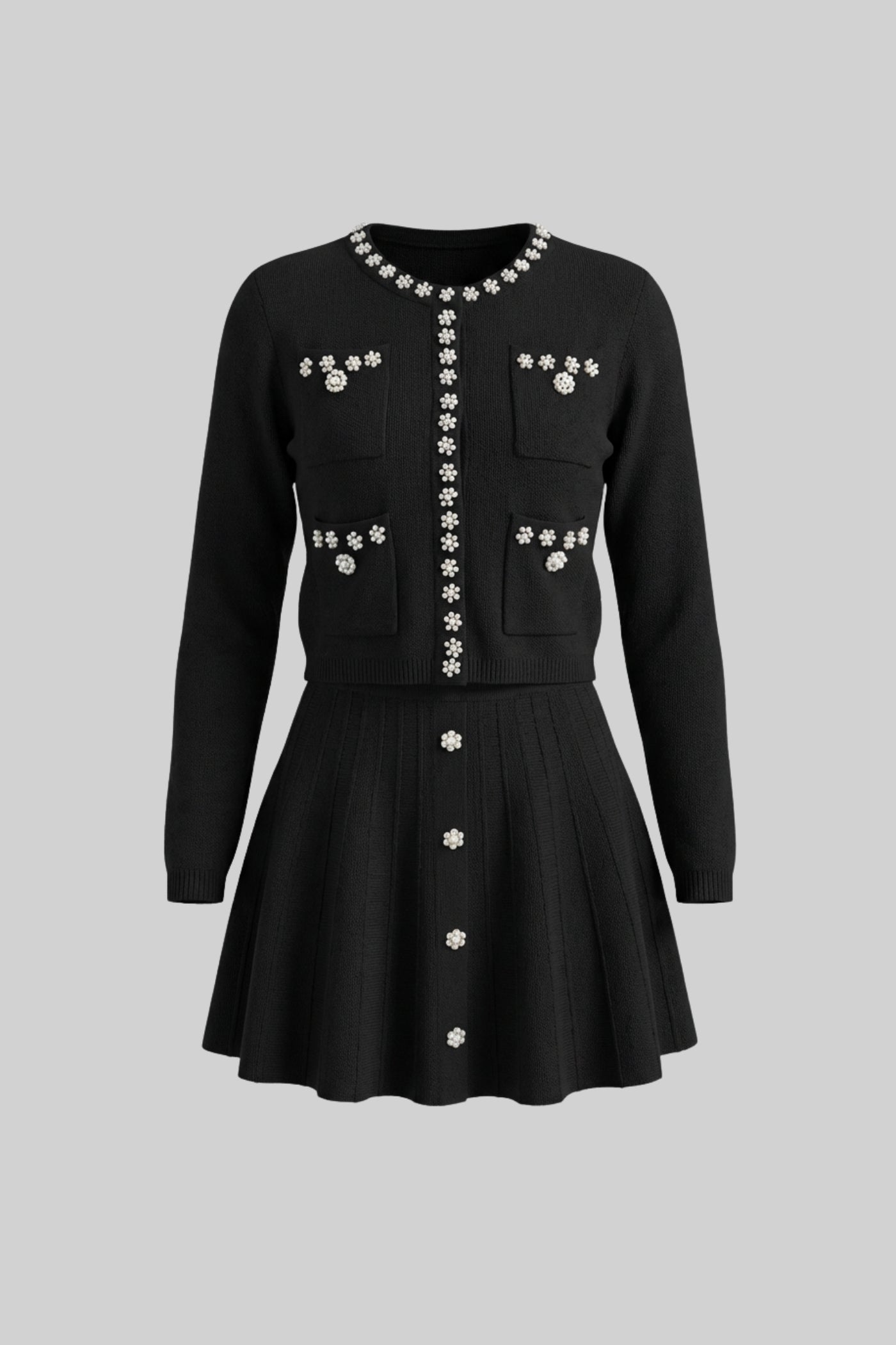 Set Coordinato in Maglia con Cardigan a Maniche Lunghe e Minigonna Coordinata - Nero 