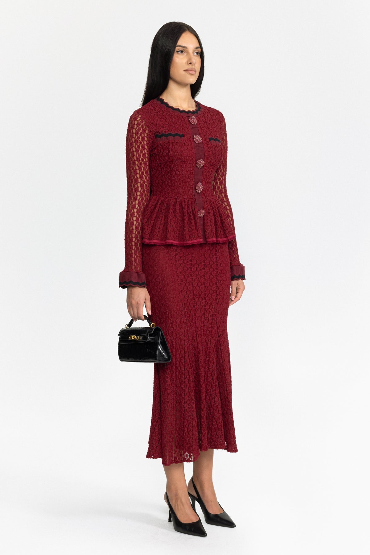 Crochet Knit Peplum Midi Dress with Ric-Rac Trim - Wine