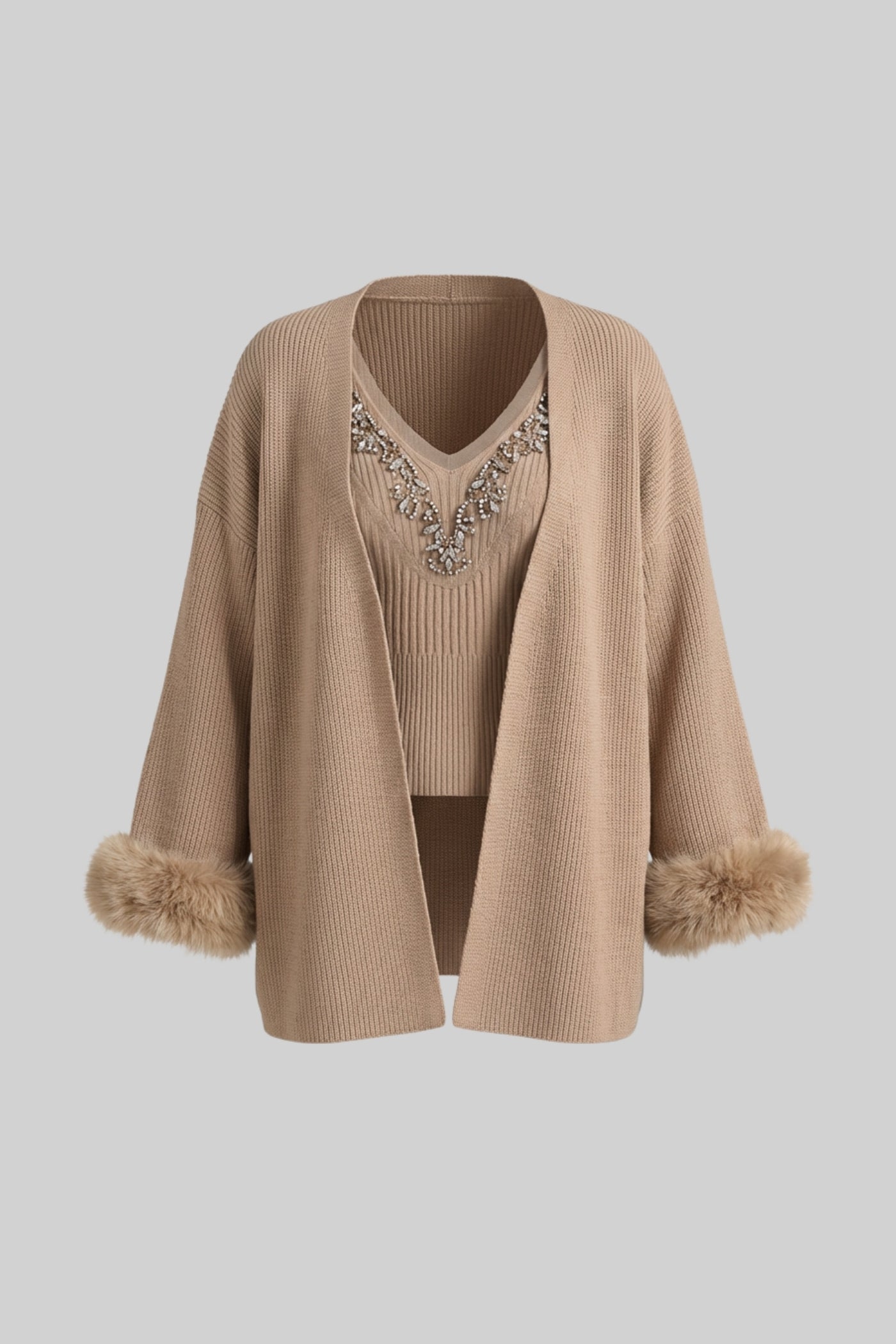 Knit Two Piece Set With Crystal Embellishments And Trim Cuffs - Beige