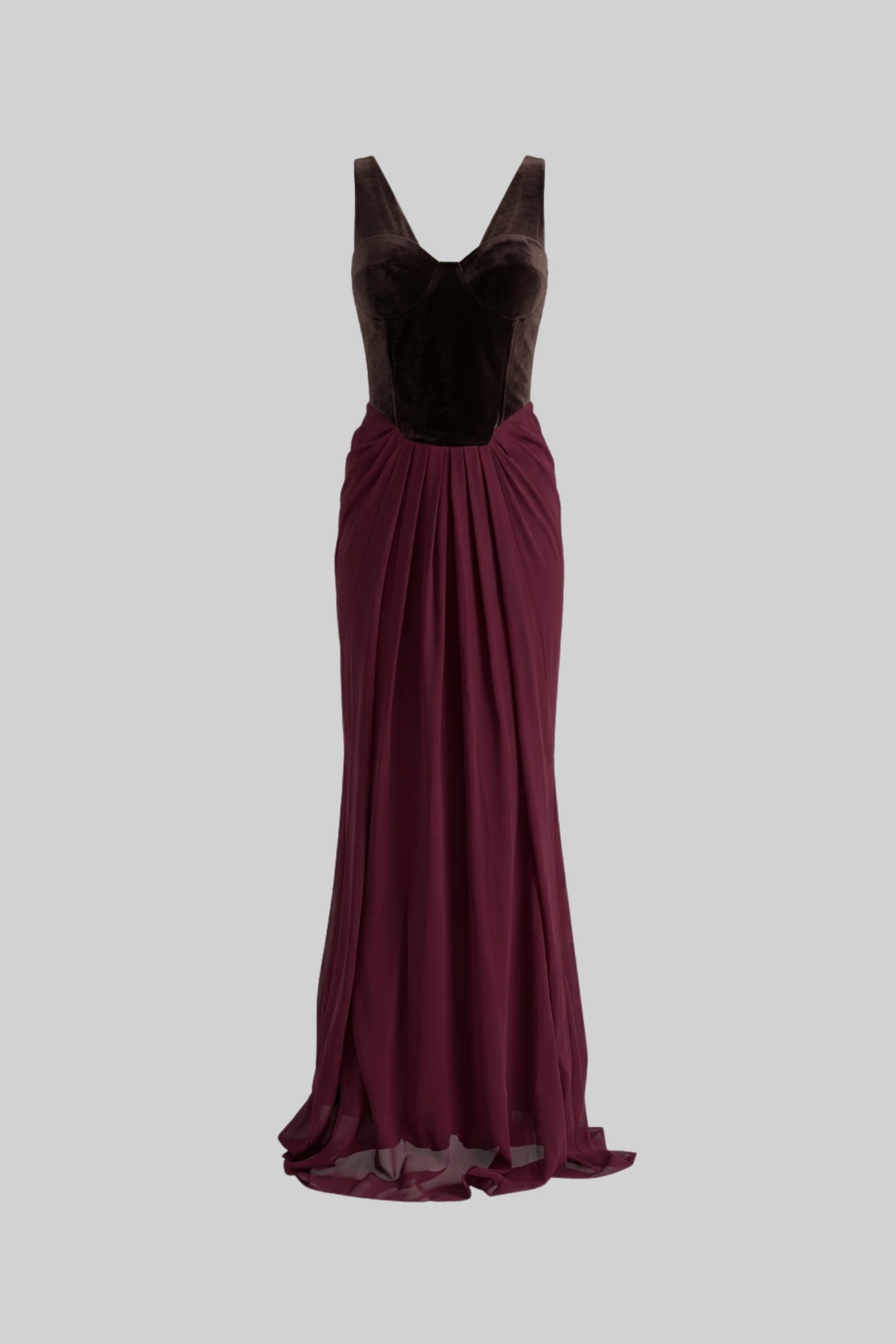 Abito Maxi con Corsetto in Velluto e Gonna Fluttuante - Bordeaux 