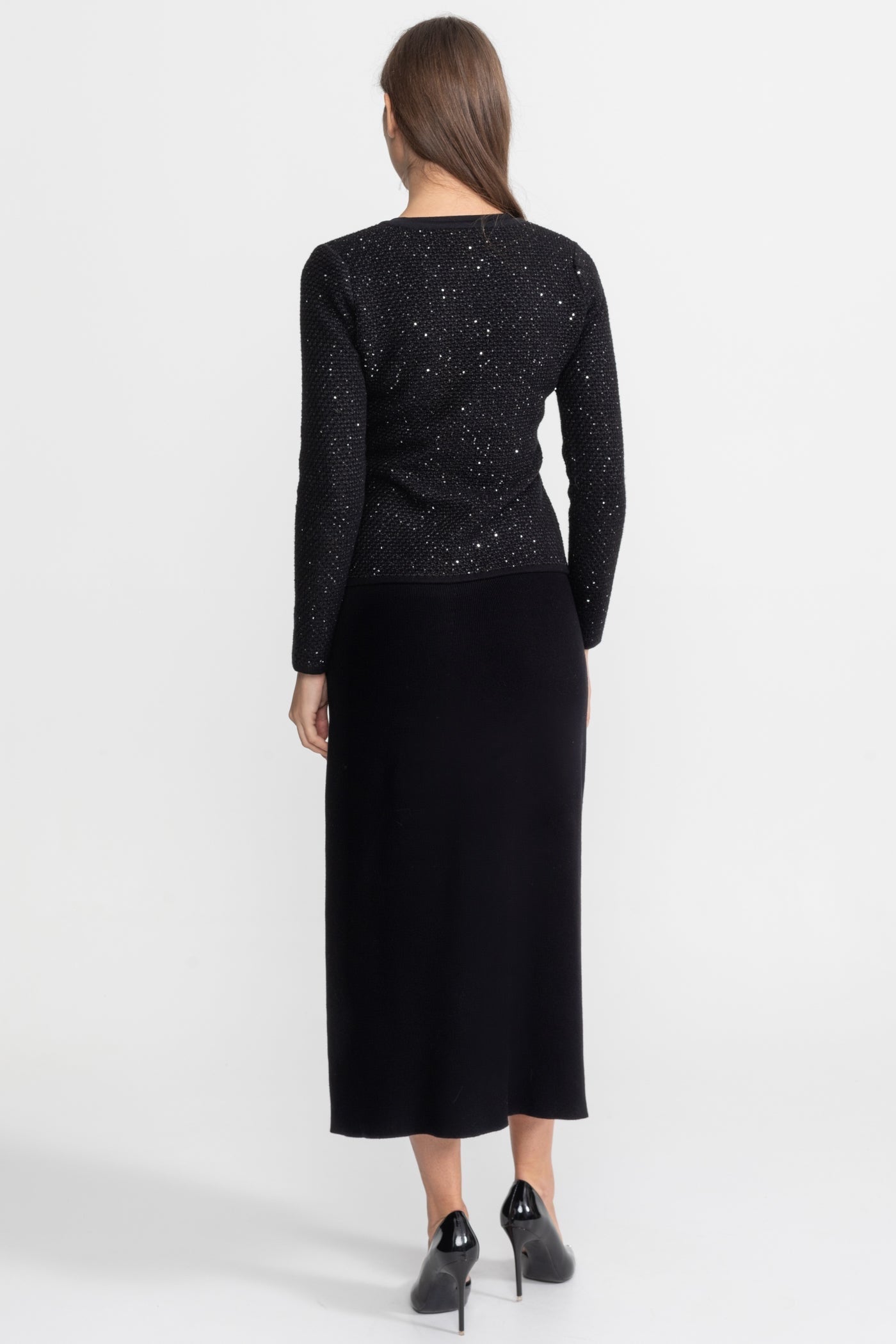 Completo coordinato in tweed decorato con chiusure a fiocco e gonna midi – Nero 