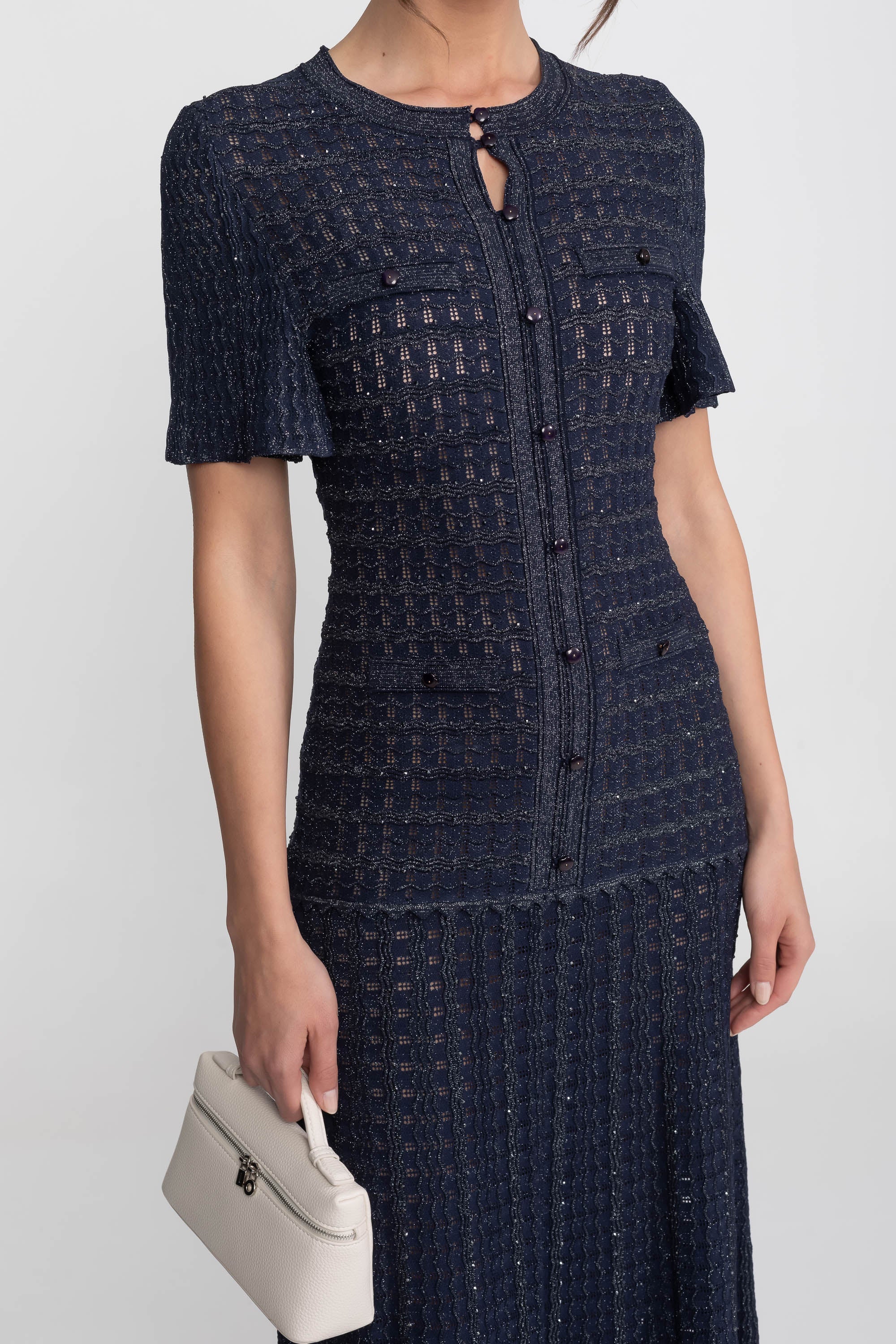 Abito midi a maniche corte con tessuto a maglia scintillante - Navy 