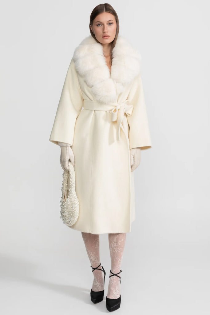Wool Wrap Coat with Fox Fur Collar And Tie Belt – Ivoire