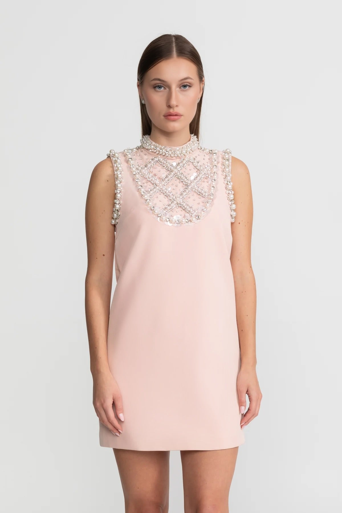 Embellished Sleeveless Mini Dress with High Neckline - Blush Pink