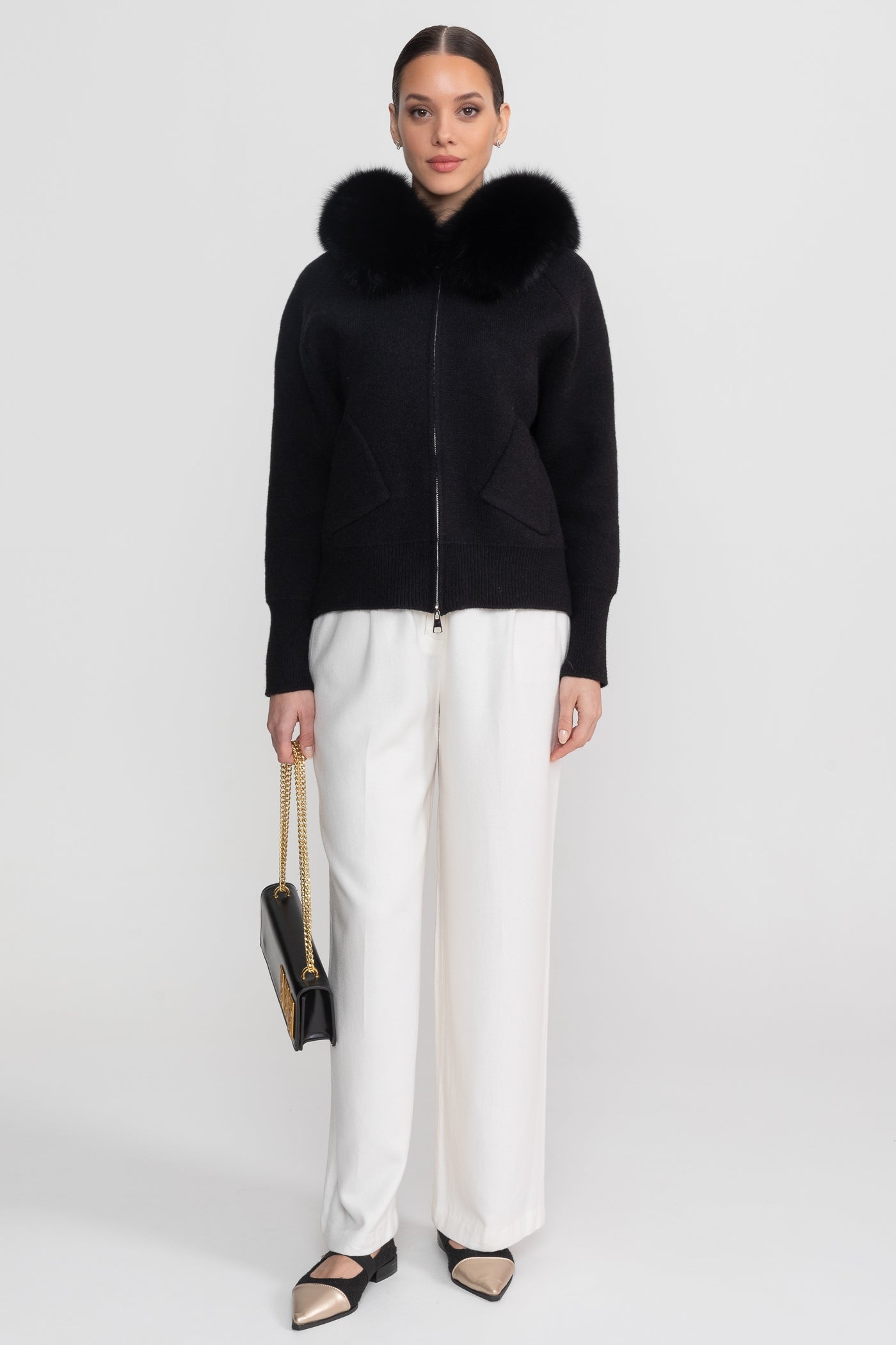 Felpa con cappuccio in lana con collo in pelliccia di volpe – Nero 
