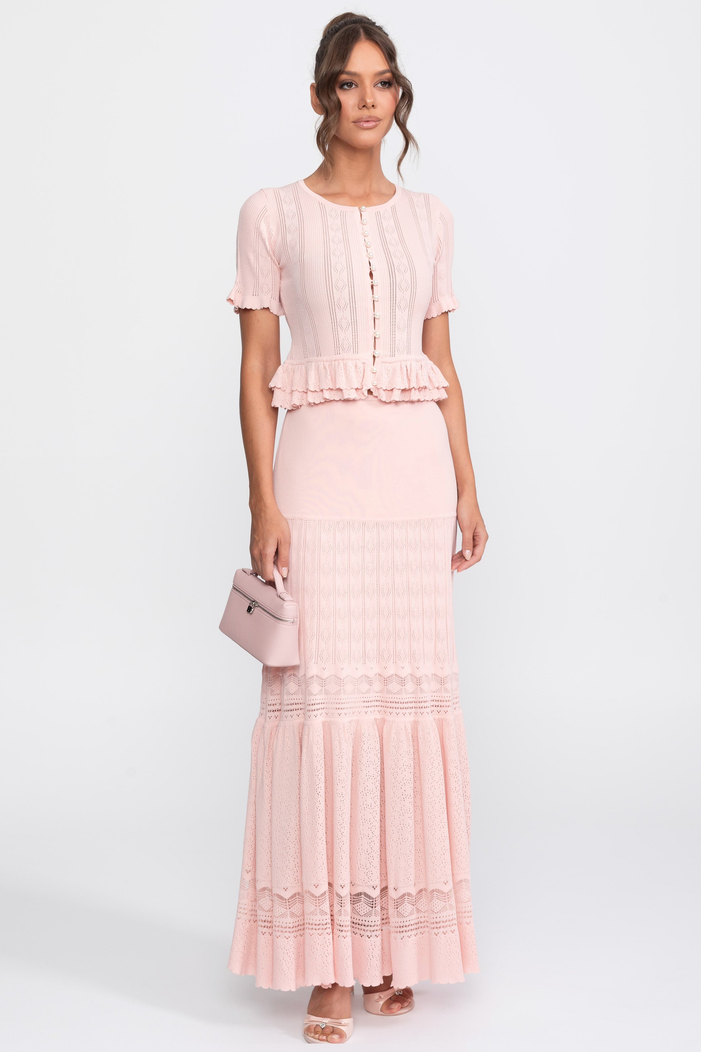 Set coordinato in maglia a due pezzi con vita increspata - Pink 