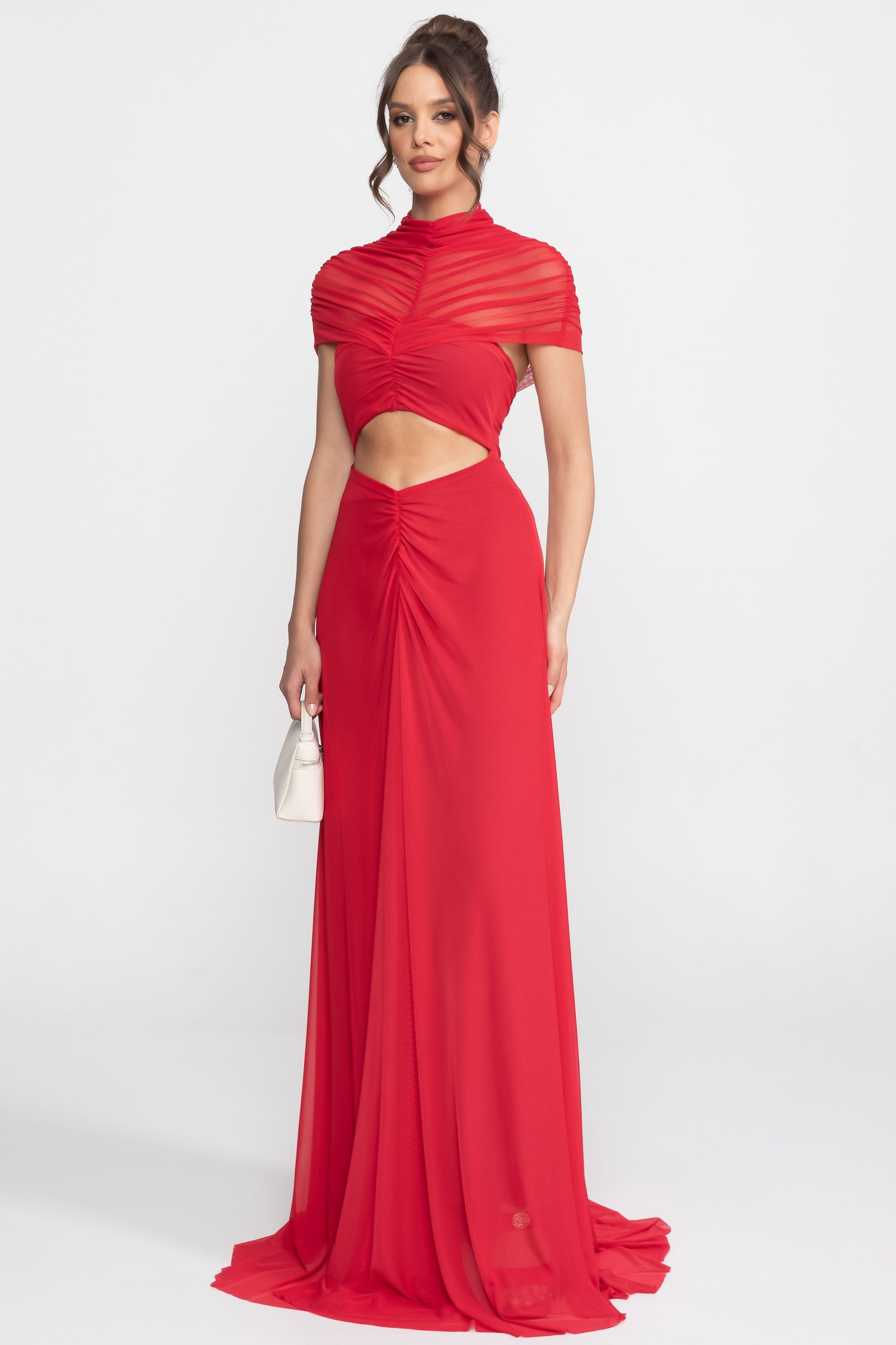 Abito lungo drappeggiato con spalle scoperte e vita cut-out - Crimson 