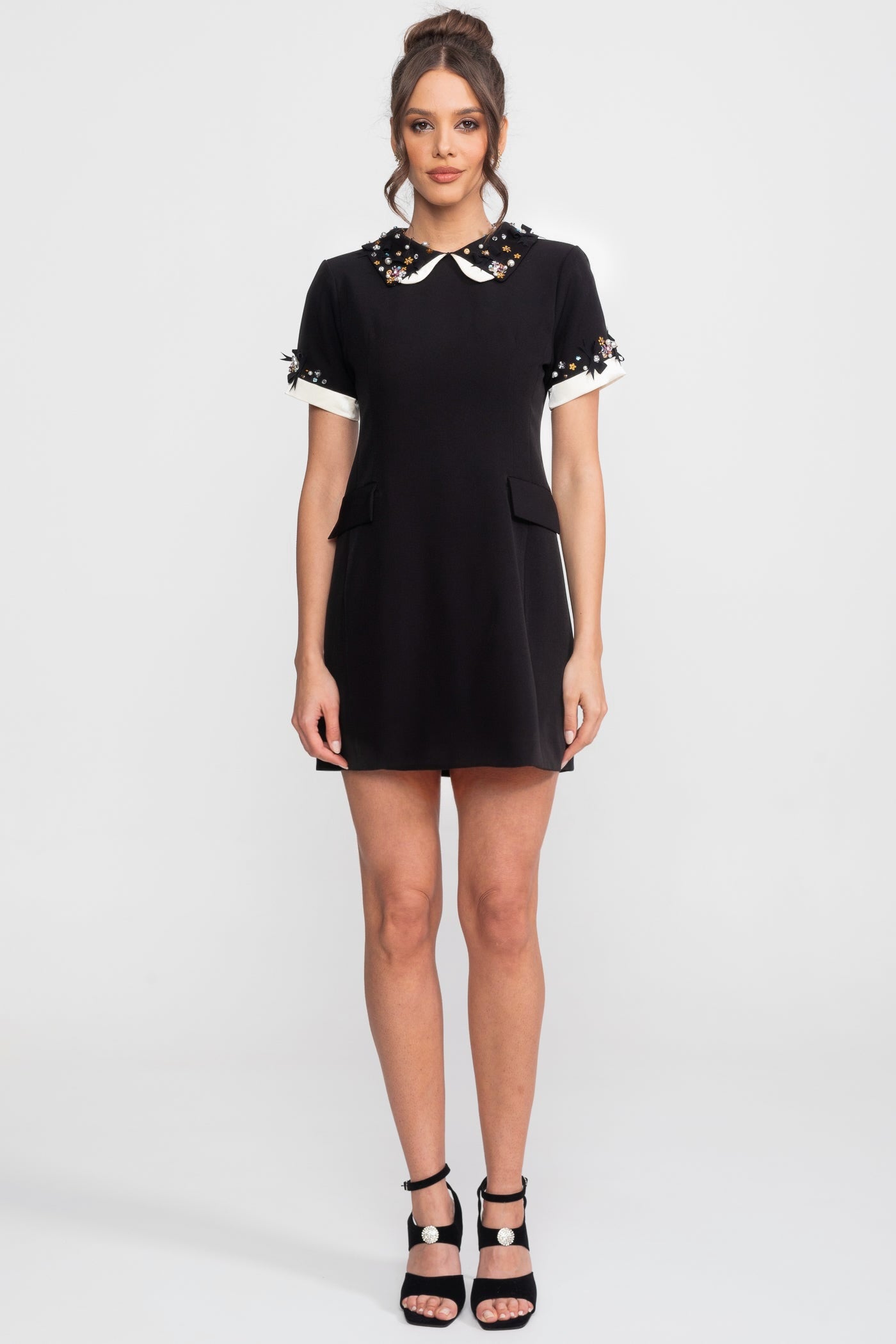 Mini Dress With Crystal-Embellished Peter Pan Collar And Jewel Cuffs - Black