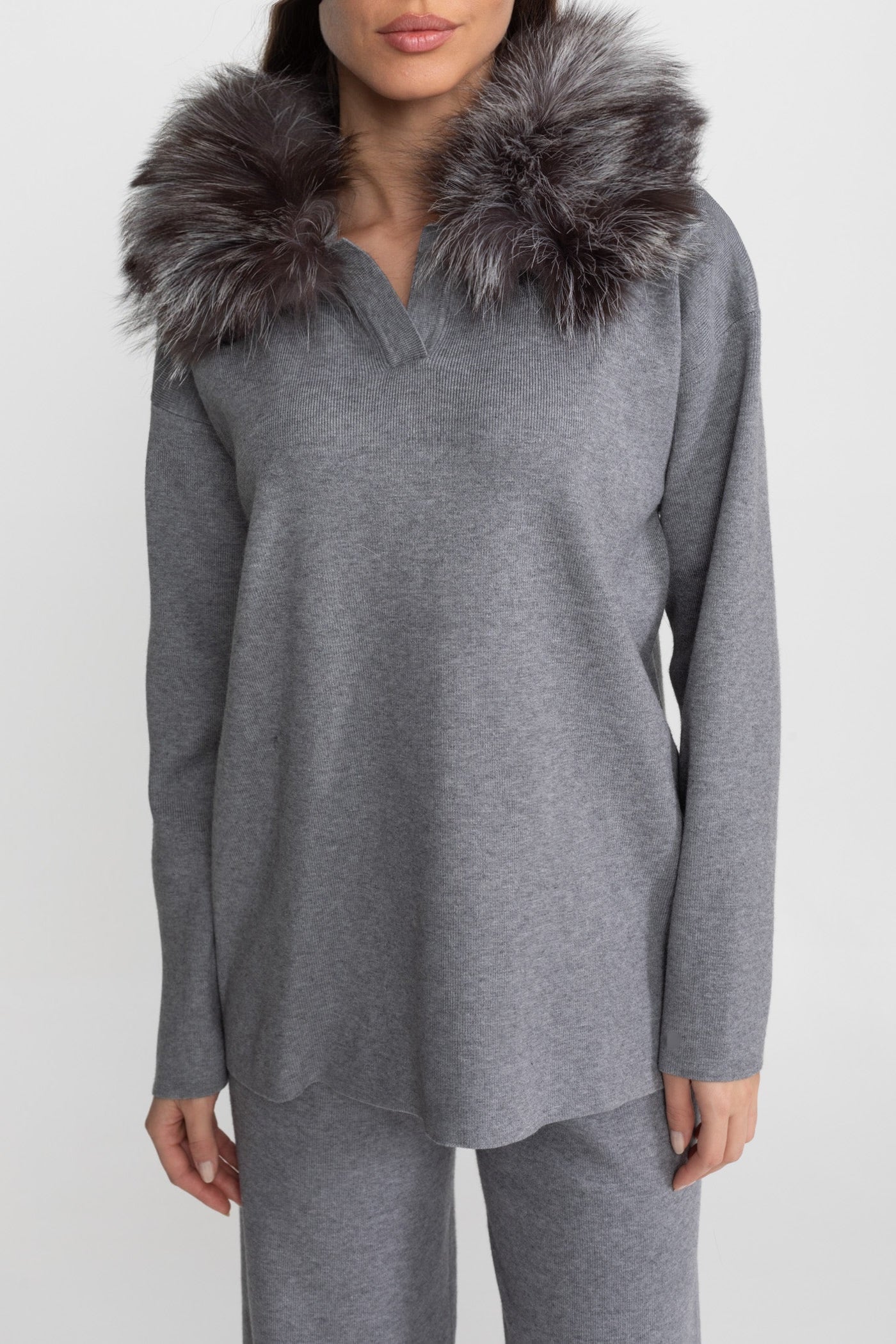 Knit Lounge Co-Ord Set with Fox Fur Collar – Grey