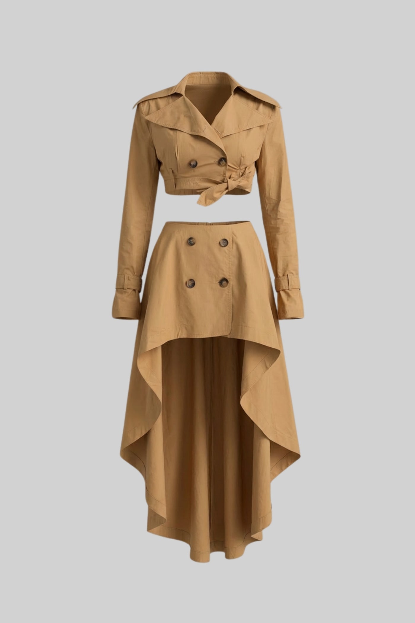 Completo Coordinato Trench Crop con Gonna Asimmetrica High-Low - Camel 