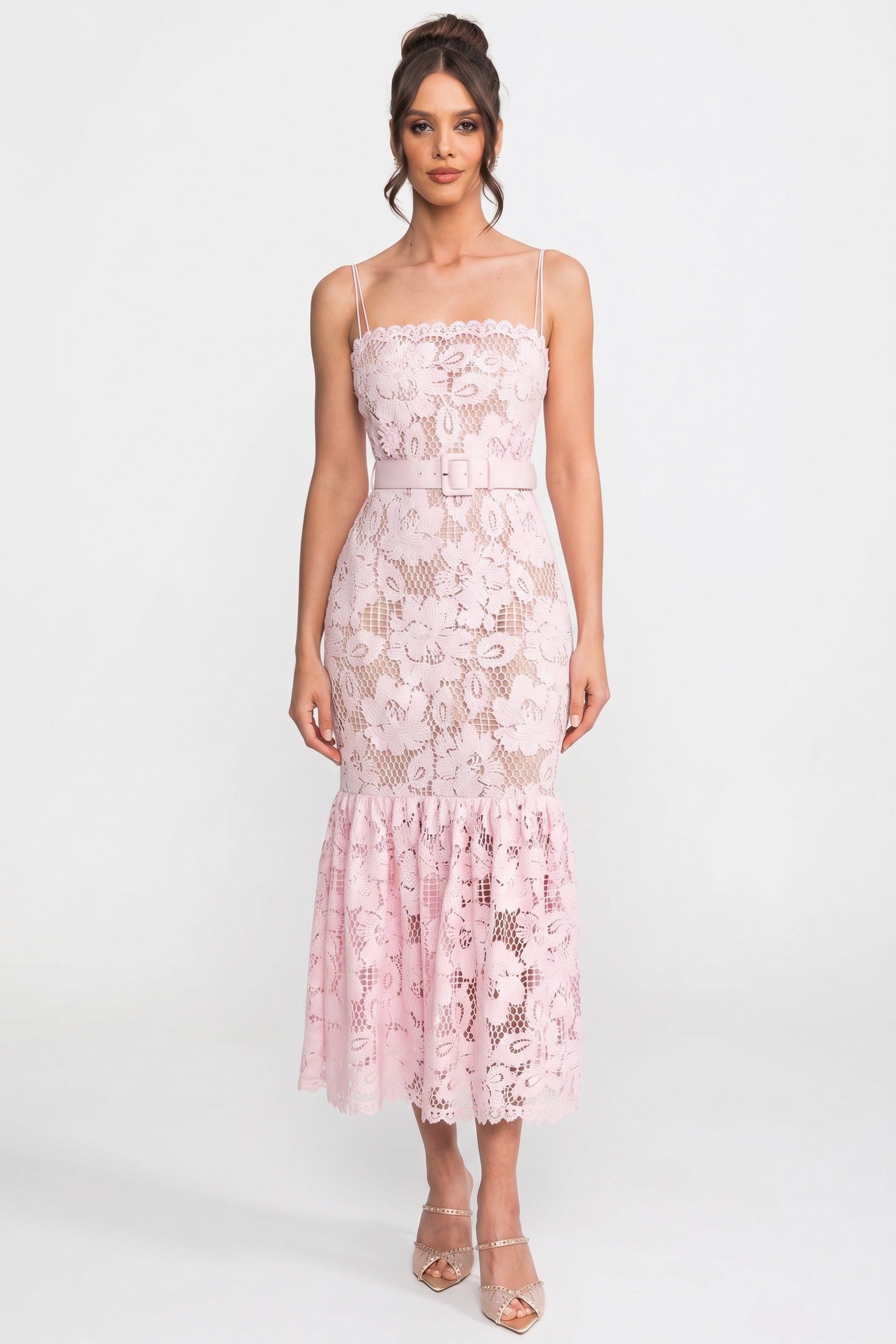 Abito Midi in pizzo con vita cinturata e orlo con balza - Rosa 