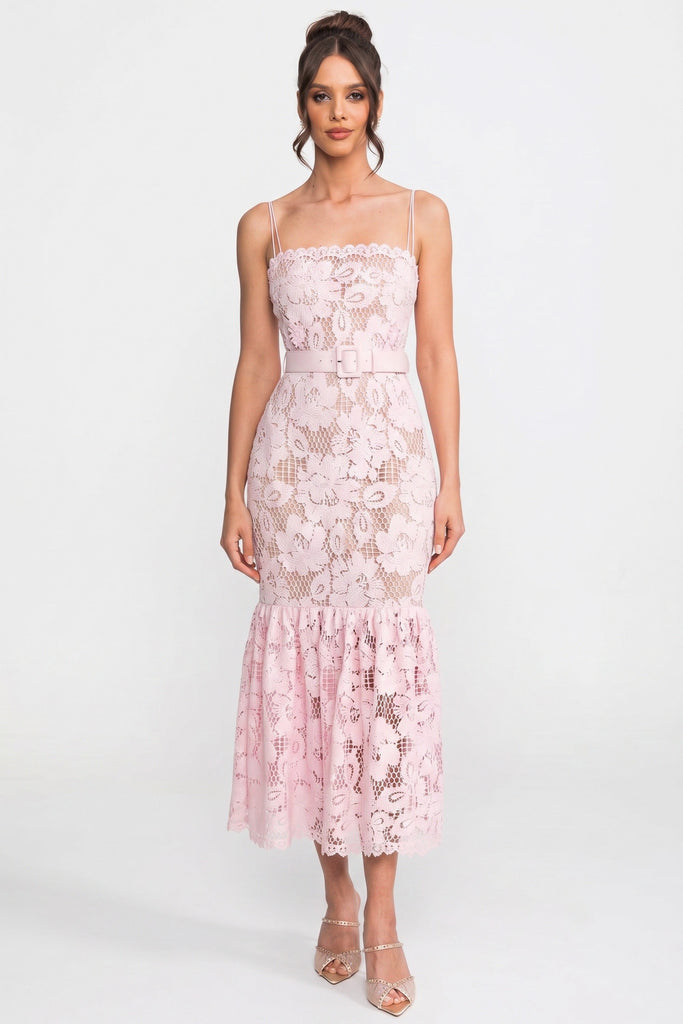 Abito Midi in pizzo con vita cinturata e orlo con balza - Rosa 