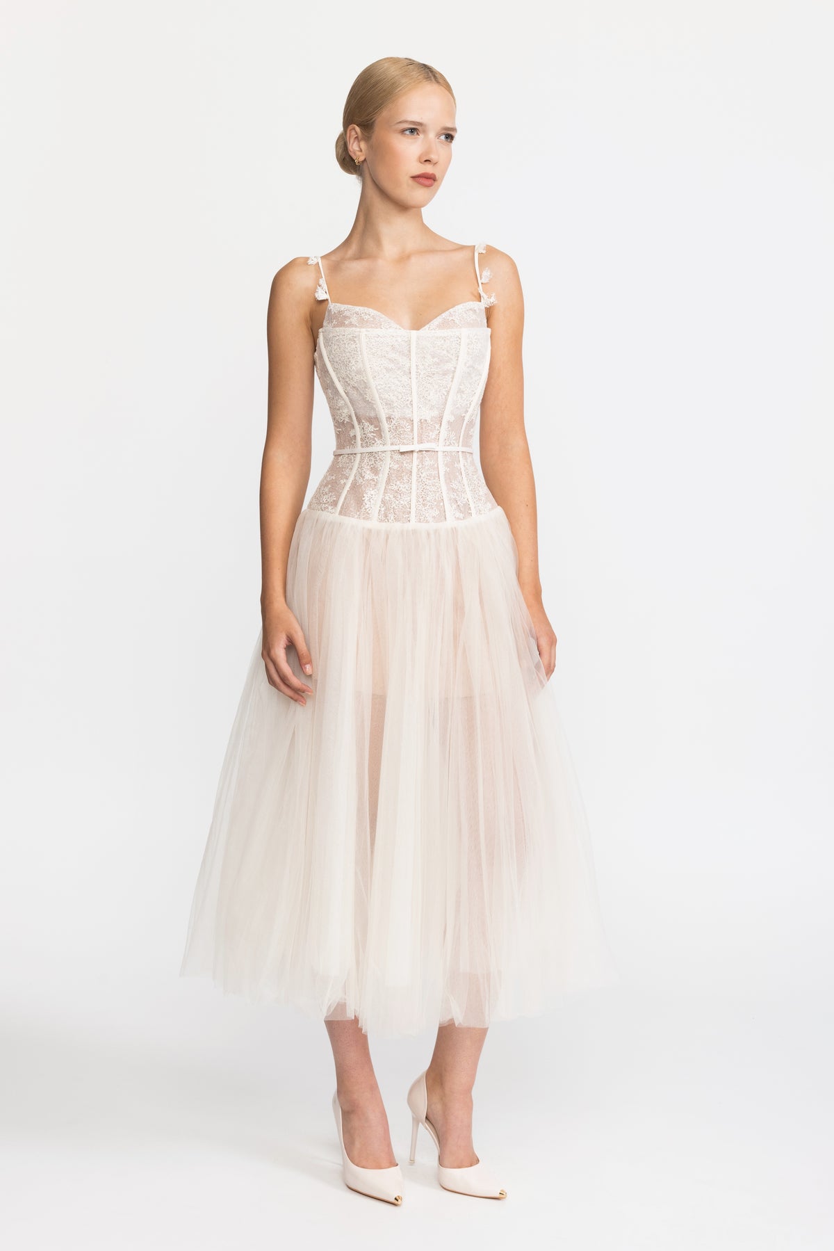 Lace Corset Tulle Midi Dress - Beige