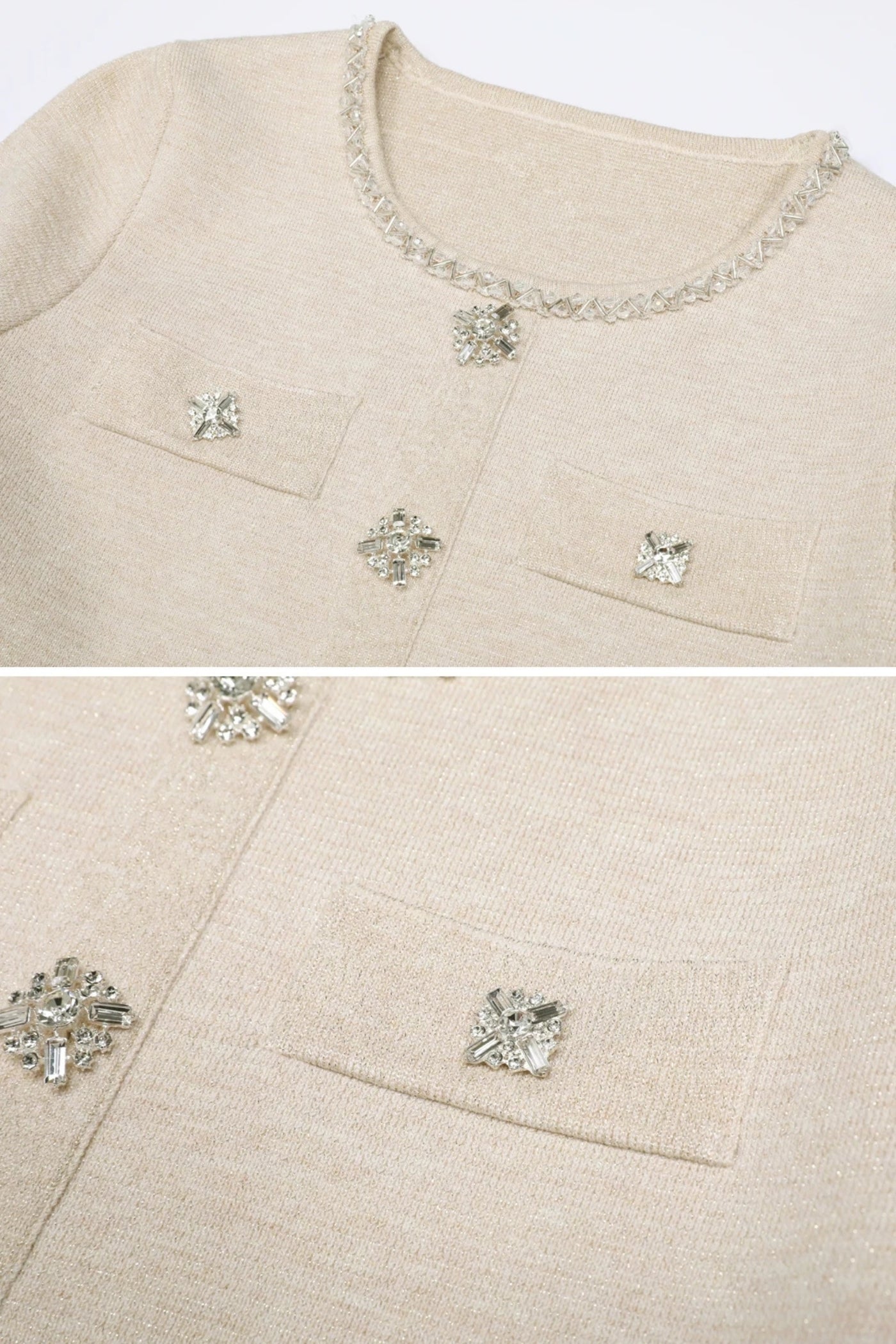 Completo Coordinato in Maglia a Manica Lunga con Decorazioni Scintillanti - Beige 