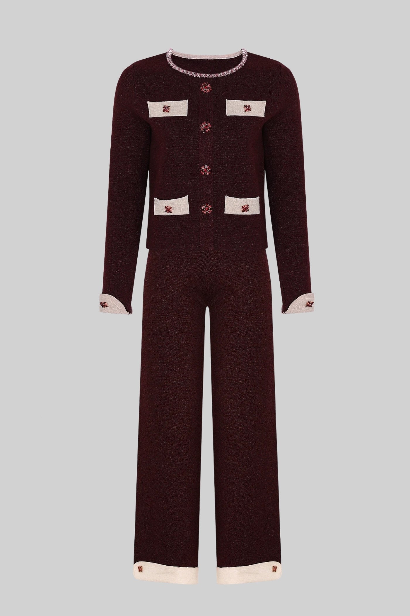 Completo Coordinato in Maglia a Manica Lunga con Bordo a Contrasto e Decorazioni Scintillanti - Burgundy 