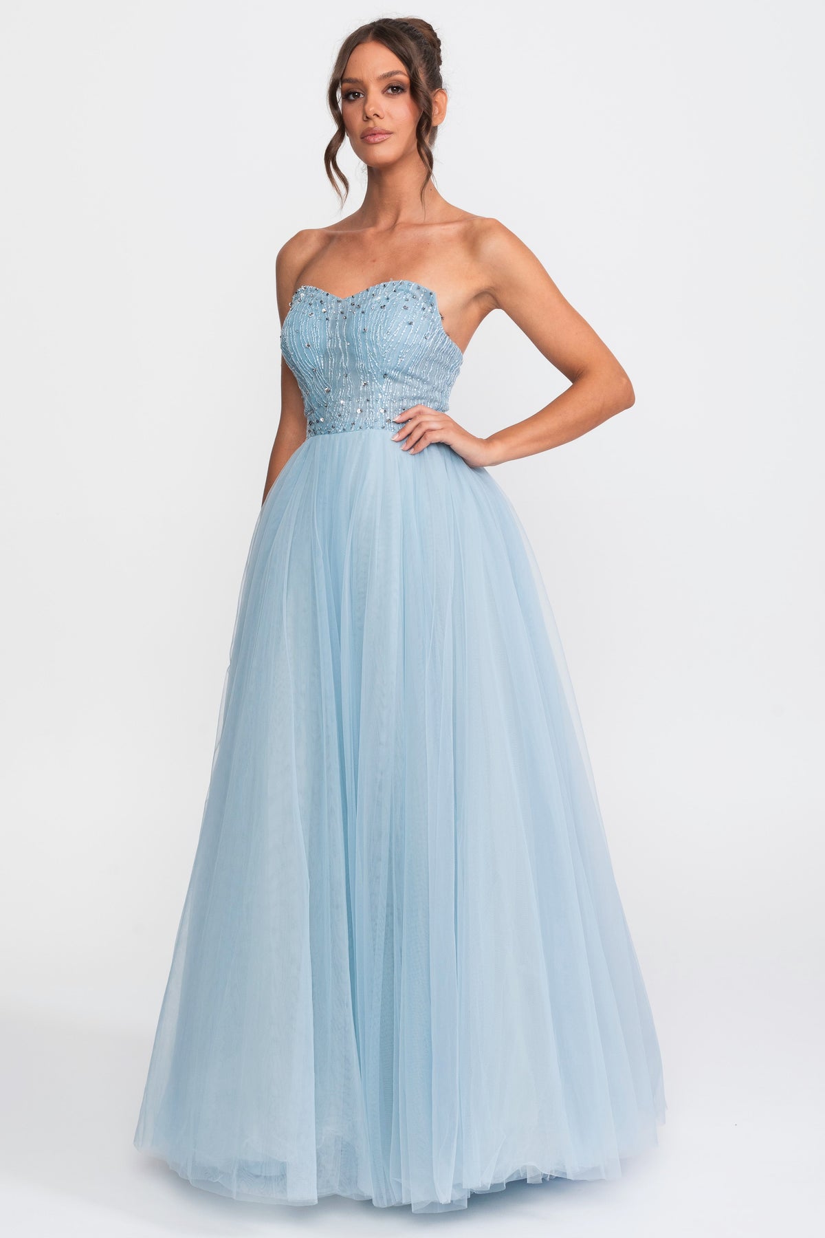 Abito da sera in tulle senza spalline con decorazioni di paillettes - Light Blue 