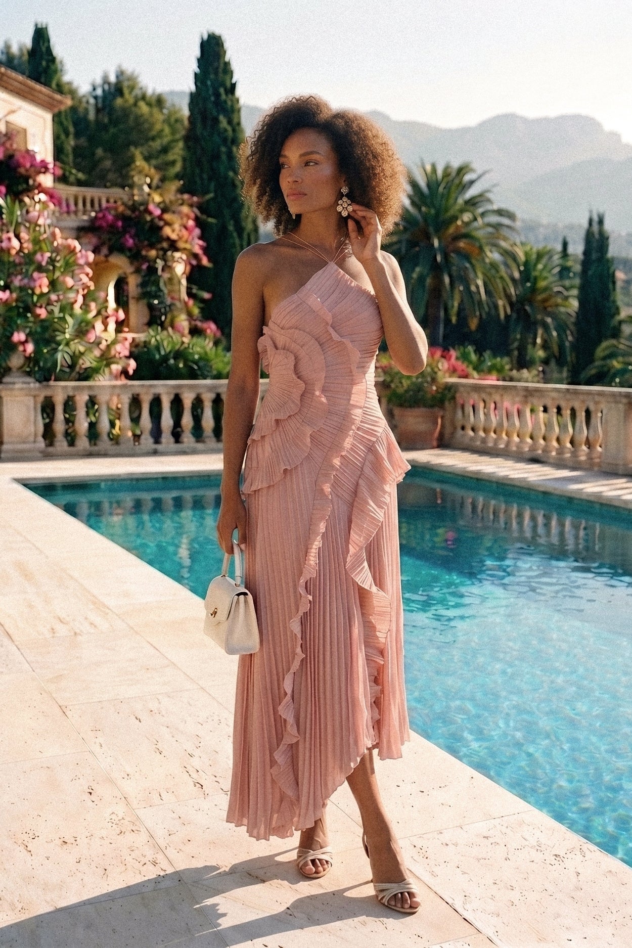 Pleated Halter Midi Dress With Cascading Ruffle Details - Pink