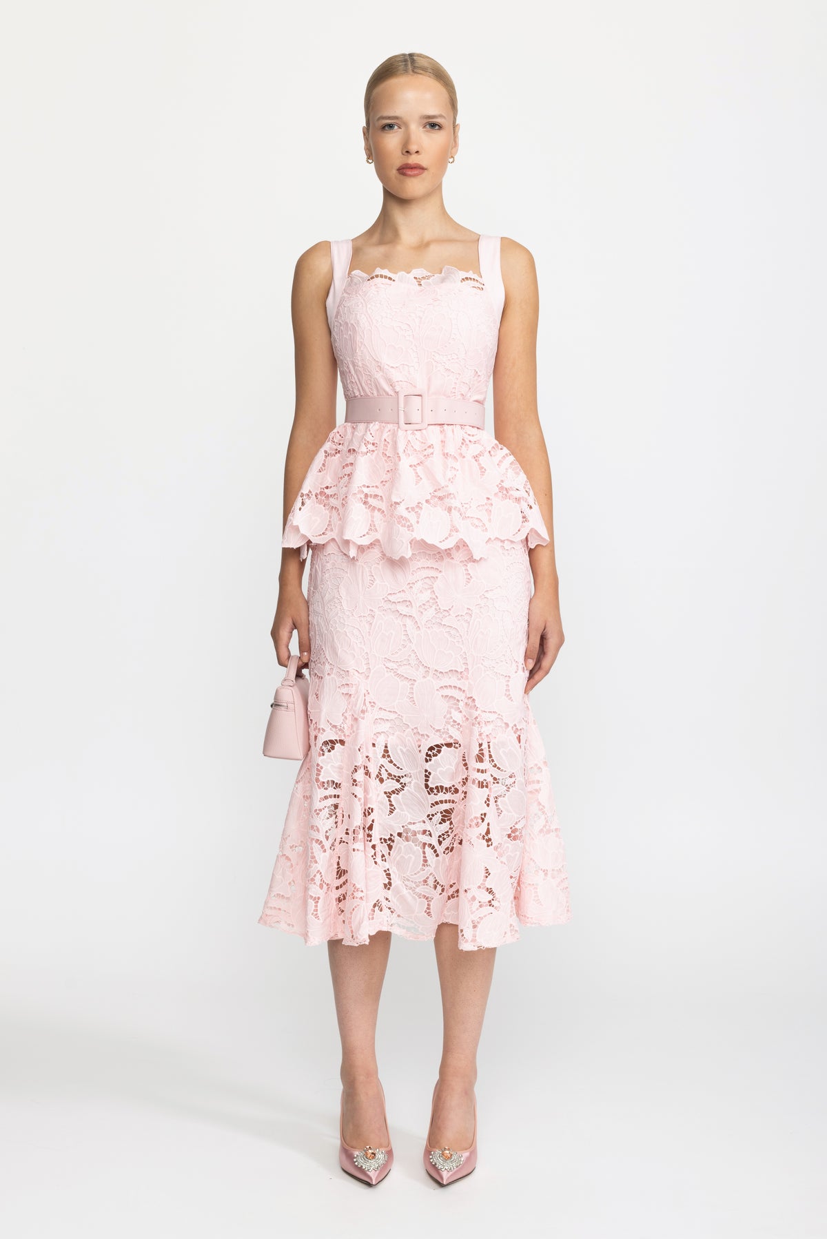 Abito midi peplum in pizzo guipure - Rosa 