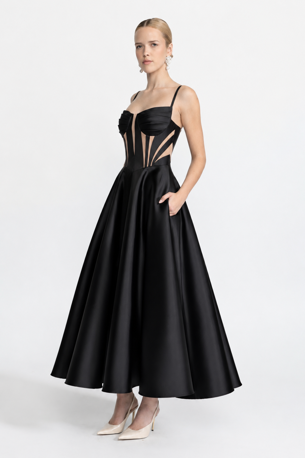 Sheer Panel Satin Corset Midi Dress - Black