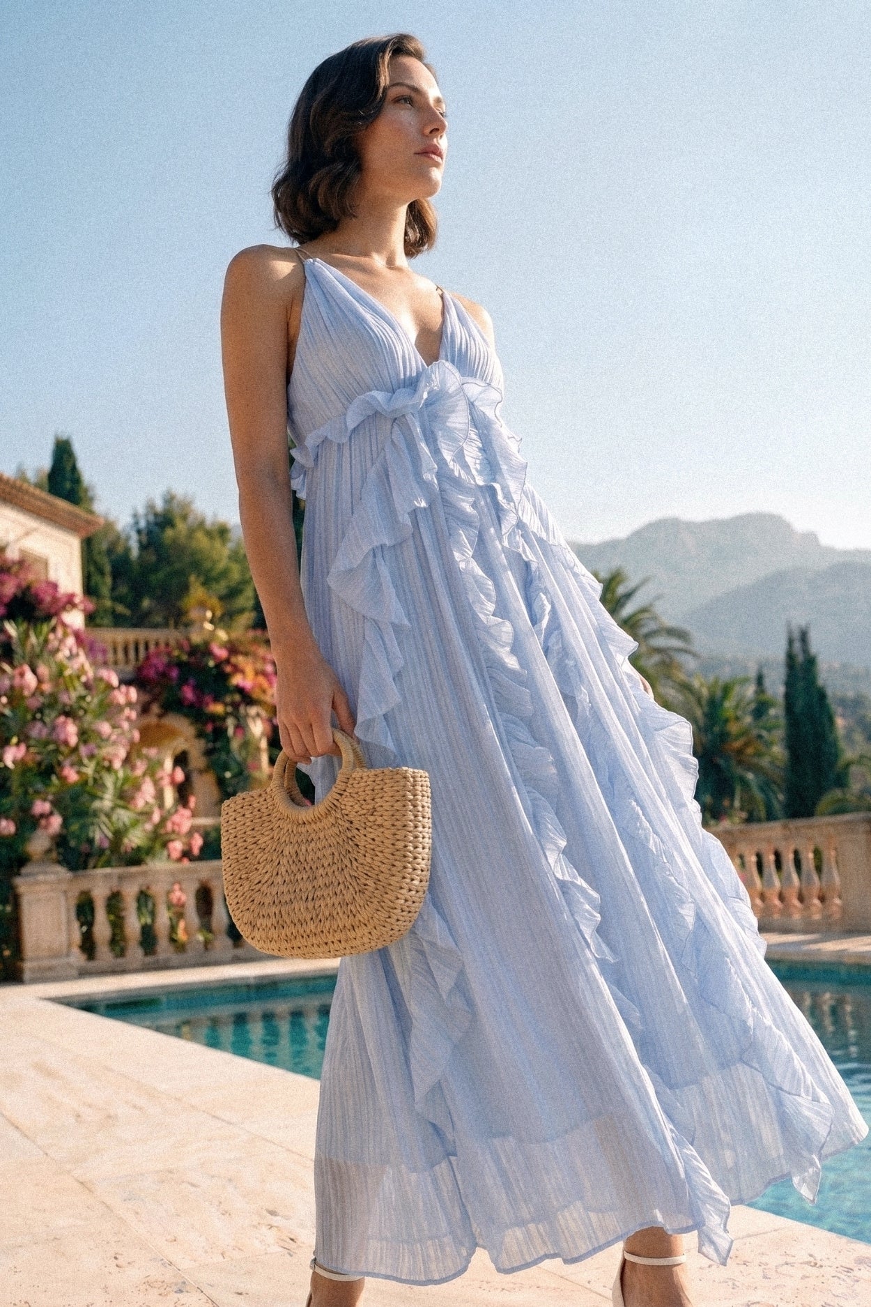 Deep V-Neck Ruffle Maxi Dress With Cascading Asymmetric Tiers - Blue