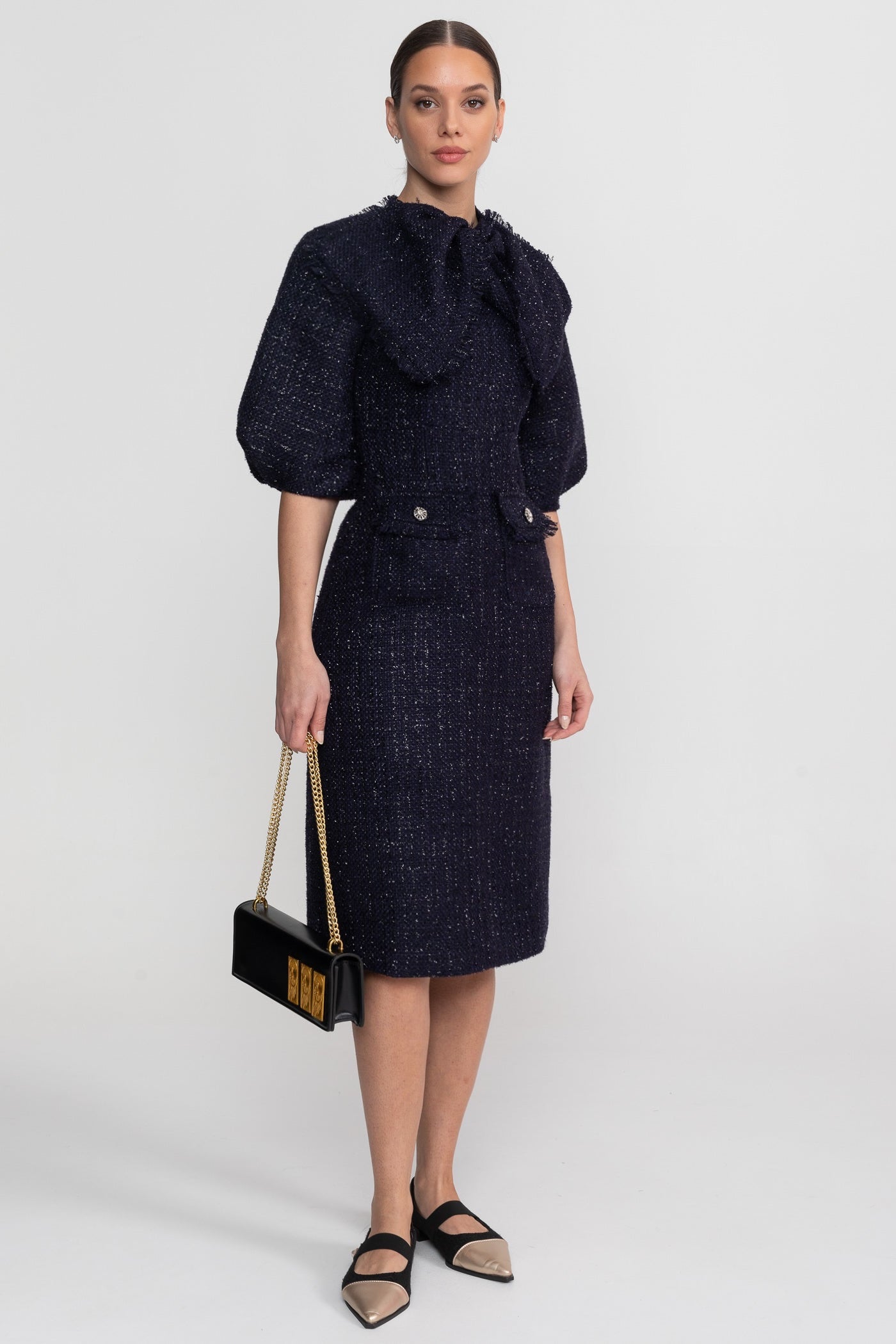 Abito Midi in Tweed con Dettaglio Fiocco Oversize al Collo - Navy 
