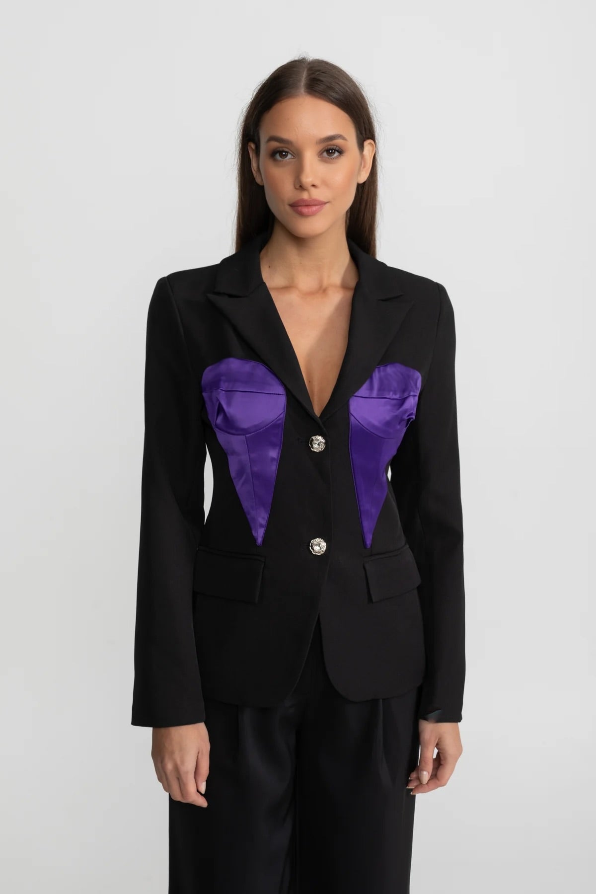Tailored Satin Panel Blazer With Contrasting Bust Panels – Black & Purple