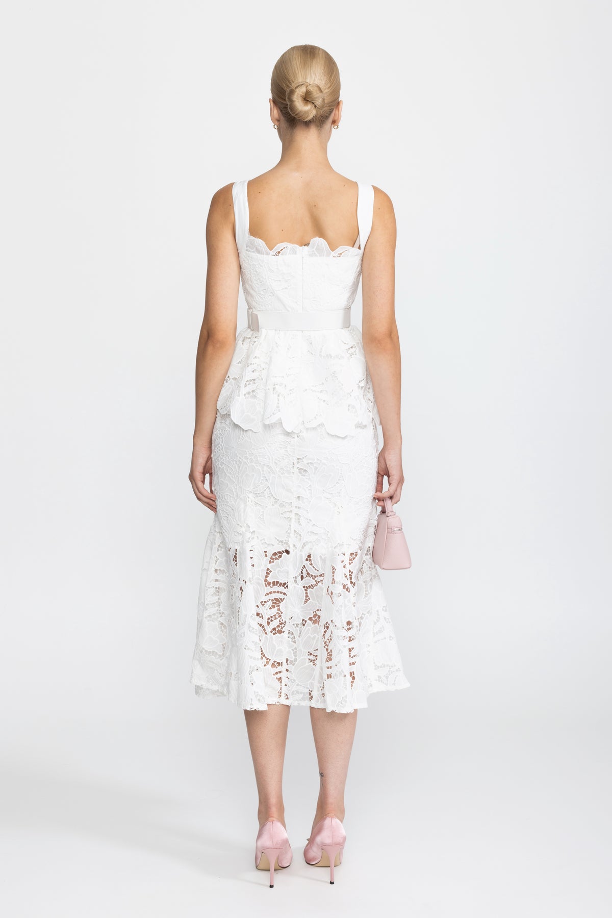 Abito midi peplum in pizzo guipure - Bianco 