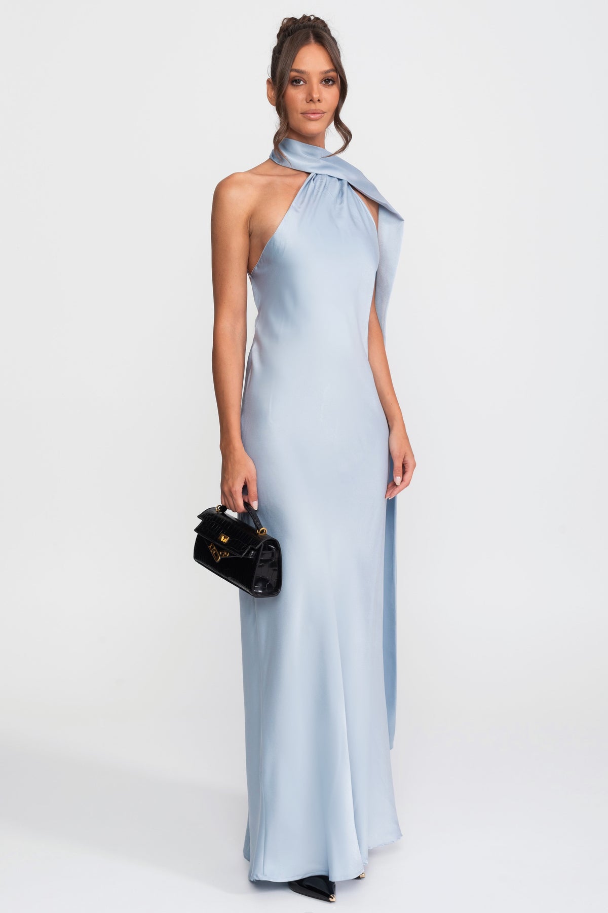 Twist Halter Satin Slip Dress With Asymmetric Neckline - Blue